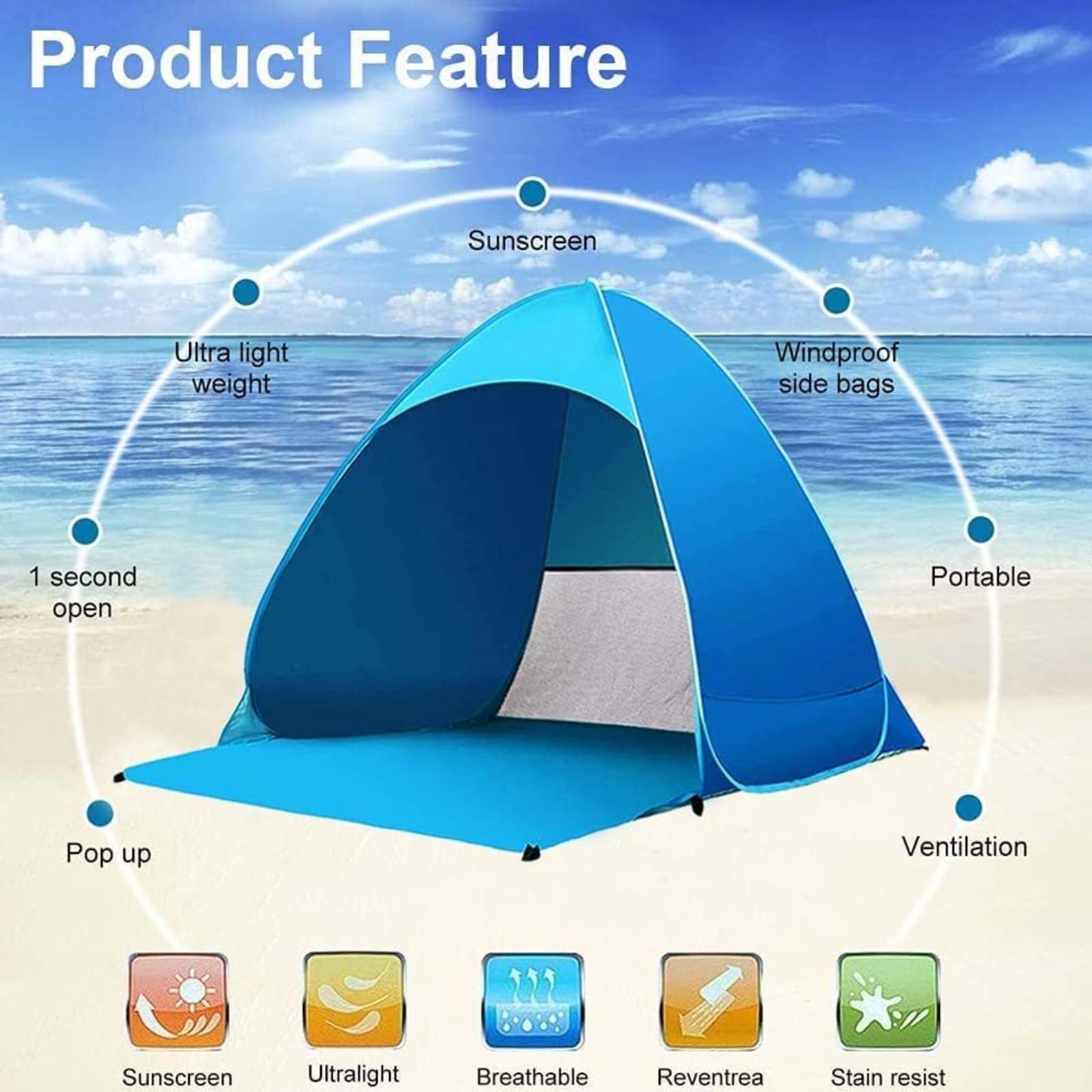 Pop Up - Tenda da spiaggia automatica, tenda da spiaggia, anti-UV, protezione solare UPF 50, per giardino, campeggio, viaggi, pesca, pic-nic e sport all'aria aperta