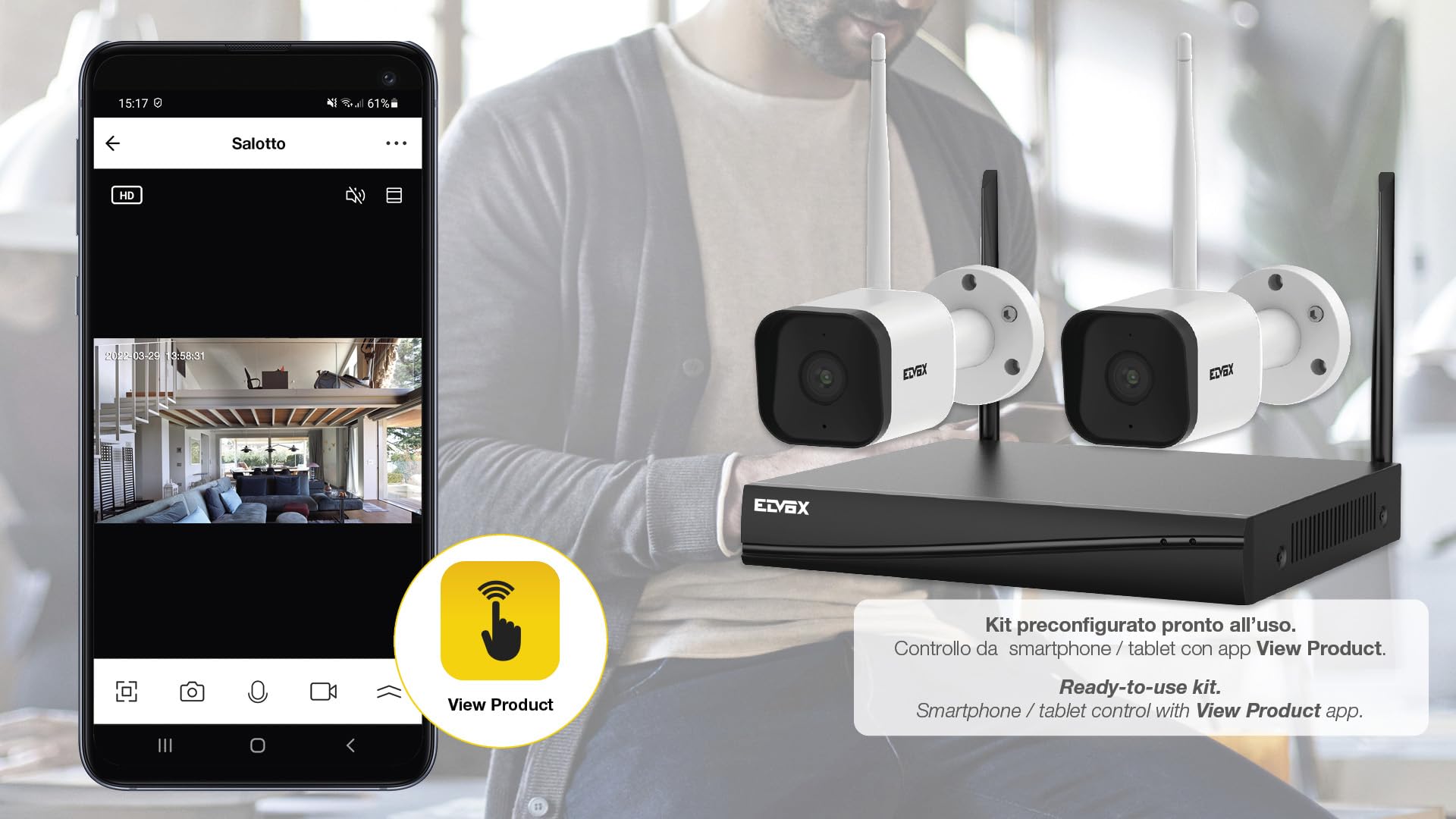 VIMAR 46KIT.036C Kit TVCC WiFi con: 2 telecamere 46242.036C a colori 3 Mpx, 1 NVR WiFi 4Ch@3Mpx, controllo da app VIEW Product, rilevazione audio, movimento e invio notifiche, HDD 1TB incluso, Bianco