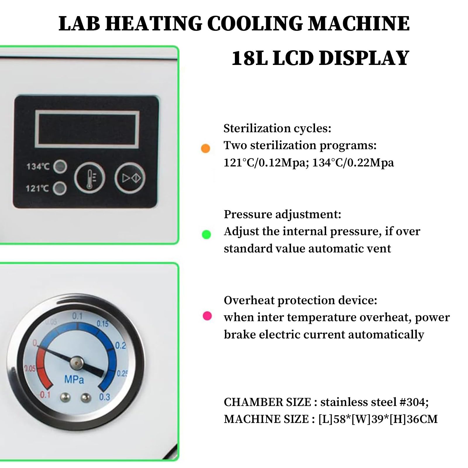Sterilizzante Autoclave A Vapore 18L, Macchina per Pulizia da Laboratorio in Acciaio Inossidabile, con Display Digitale a LED, per La Macchina del Laboratorio