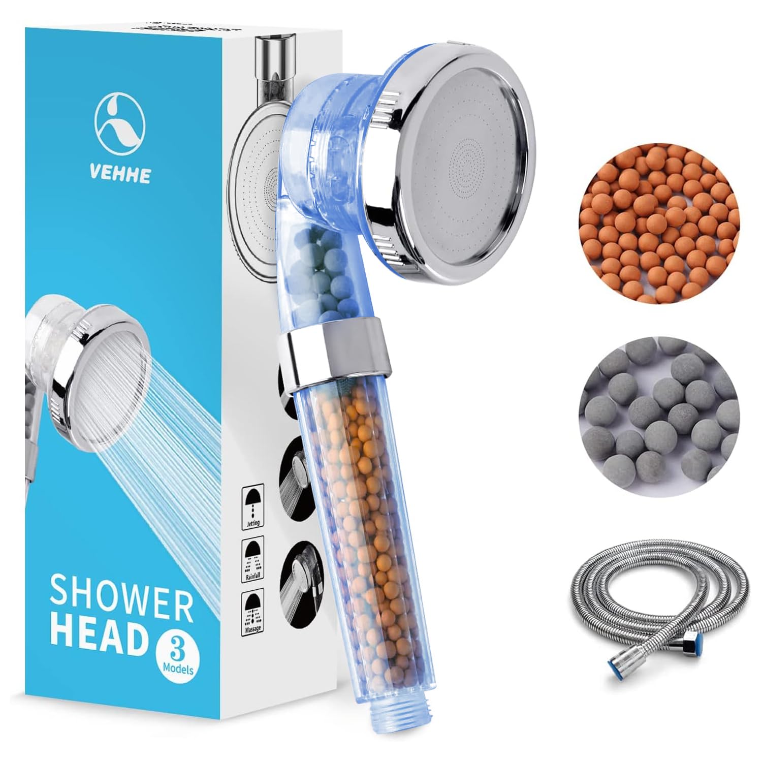 VEHHEShower Head High Pressure, Power Filter Ionic Shower Head with Beads, 3 Shower Modes Water Saving Bathing for Adults Children Pets Home and Gym Use (Blue)