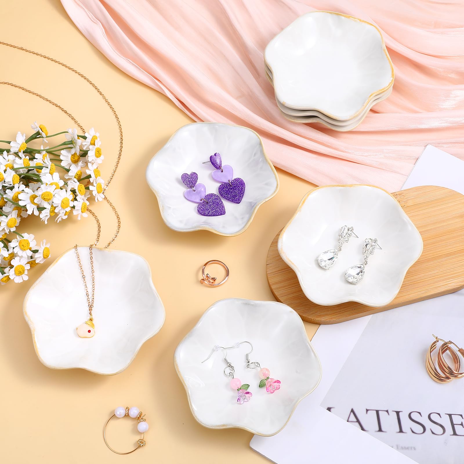8 bandejas pequeñas de cerámica para joyas, bandeja decorativa para anillos, exquisitos platos pequeños de cerámica para aretes, anillos, llaves, bodas, cumpleaños, joyas, regalos (blanco, 4.3