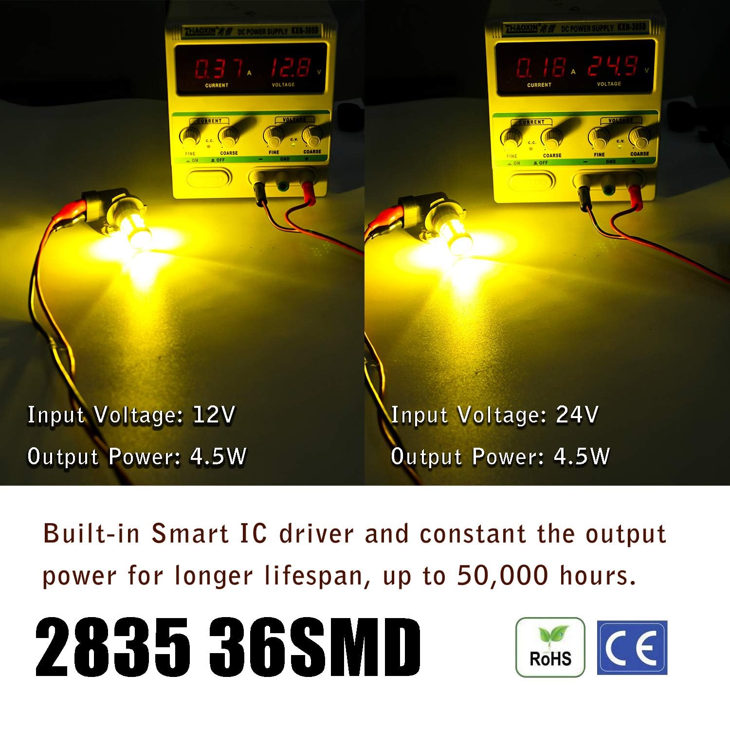 KISLED Super Bright 3000lm 5201 5202 LED Fog Lights Bulbs DRL High Power 2835 Chips with Projector Lens Replacement for Cars Trucks, Golden Yellow