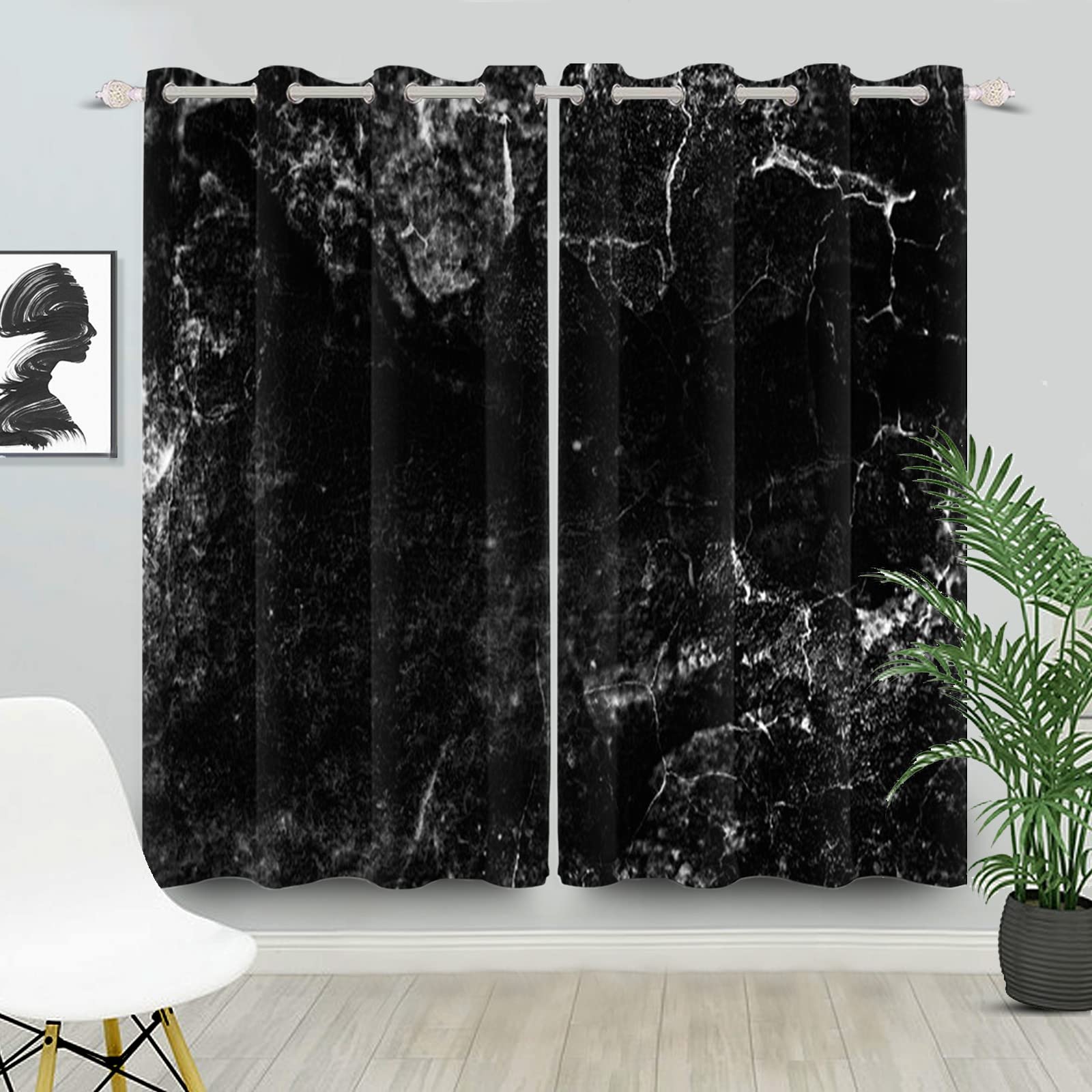Uiiooazy Blackout Curtains Window Drapes Thermal Insulated Curtains Black White Marble Room Darkening for Living Room Bedroom Window Treatments 2