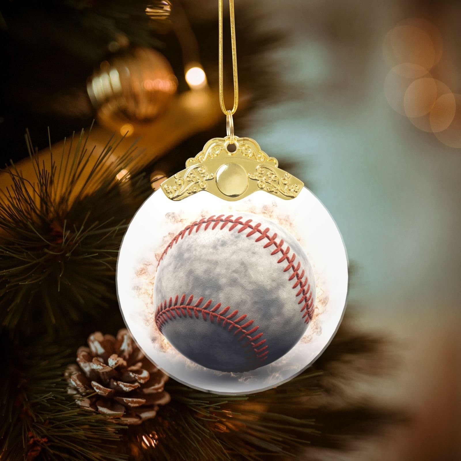 Crystal Christmas Ornaments for Christmas Tree Decoration Hanging Baseball Ornament with Gold Ribbon Crafts Round Pendant for Keepsake Gifts Glass Xmas Decor Party Supplies
