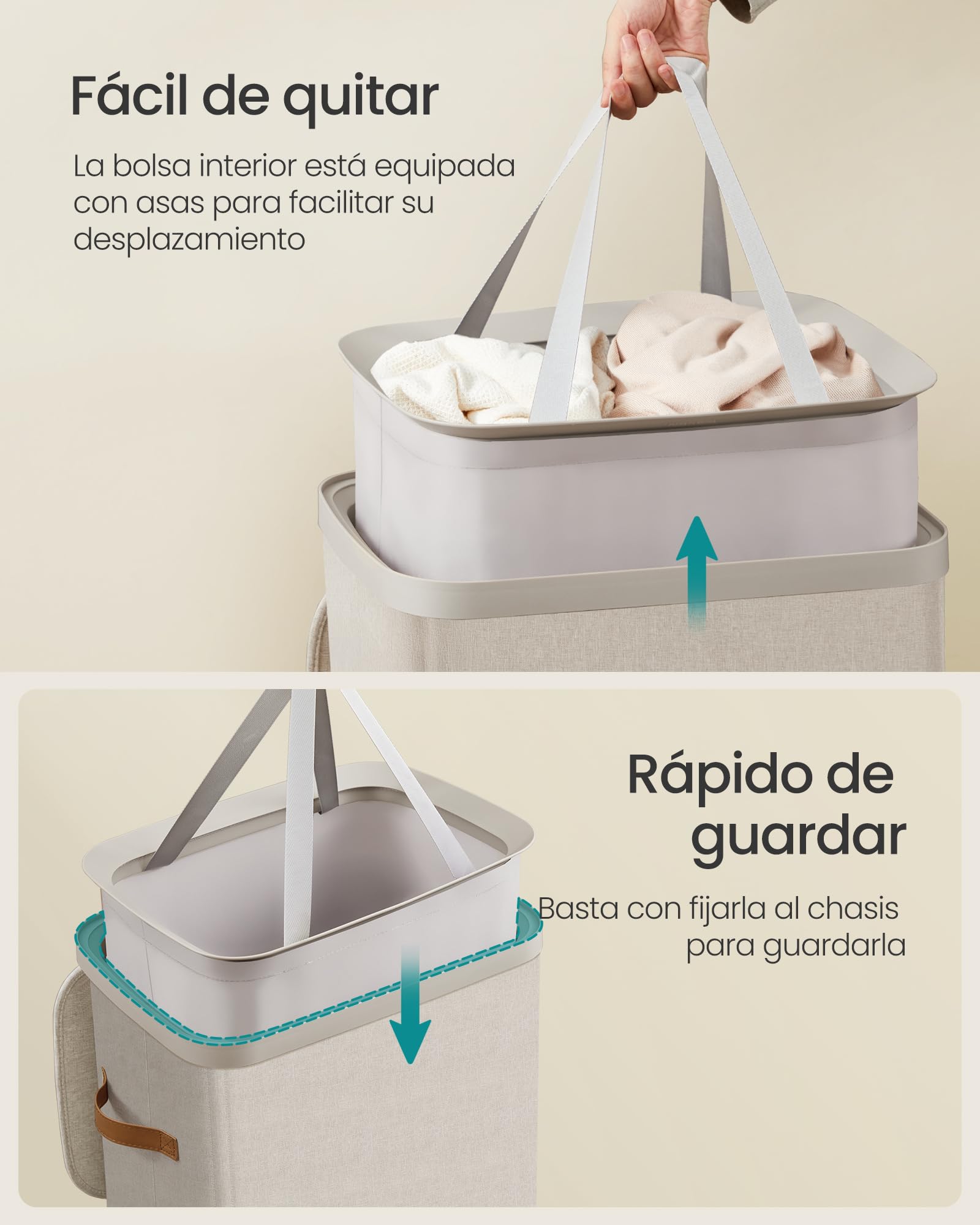 SONGMICS Cesto para la Ropa Sucia, Bolsa de Basura de 100 L, Fácil Montaje, con Asas para la Tapa, Bolsa Interior Extraíble, 42 x 32 x 75 cm, Beige Capuchino LCB811LH01
