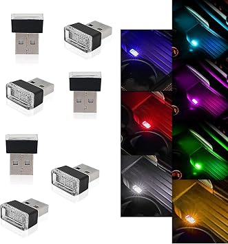 7PCS USB LED Car Interior Atmosphere Lamp, Portable Mini Auto LED Decor Night Light, Plug-in USB Interface Ambient Lighting Kit, Universal Car Interior Accessories Multi-Color