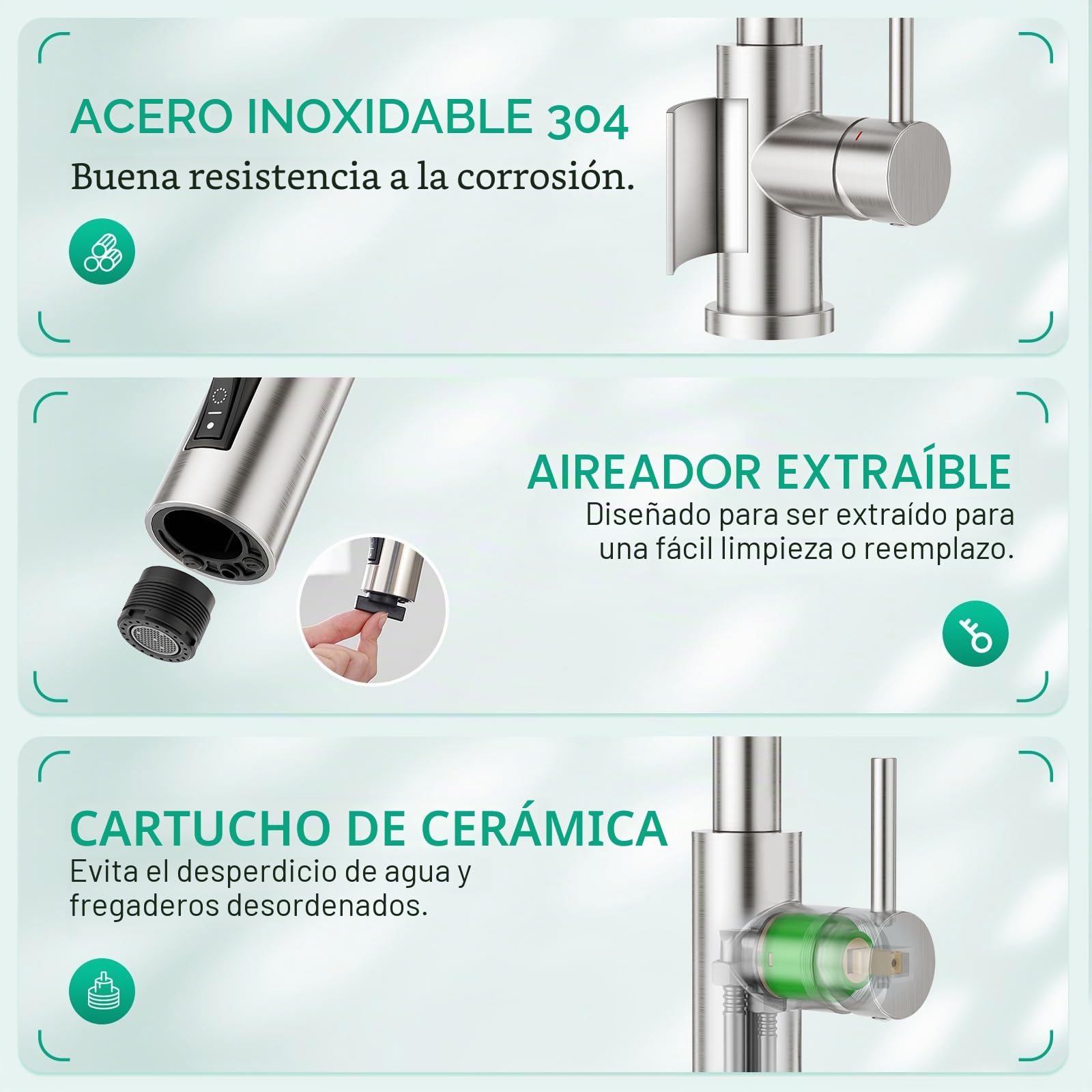 CREA Grifo de cocina de 3 vías,Giratorio a 360° Grifo Monomando Fregadero De Cocina Para Filtro De Agua,3 En 1 Grifo De Fregadero De Cocina Para Sistemas De Ósmosis Latón,Acero Inoxidable Cepillado