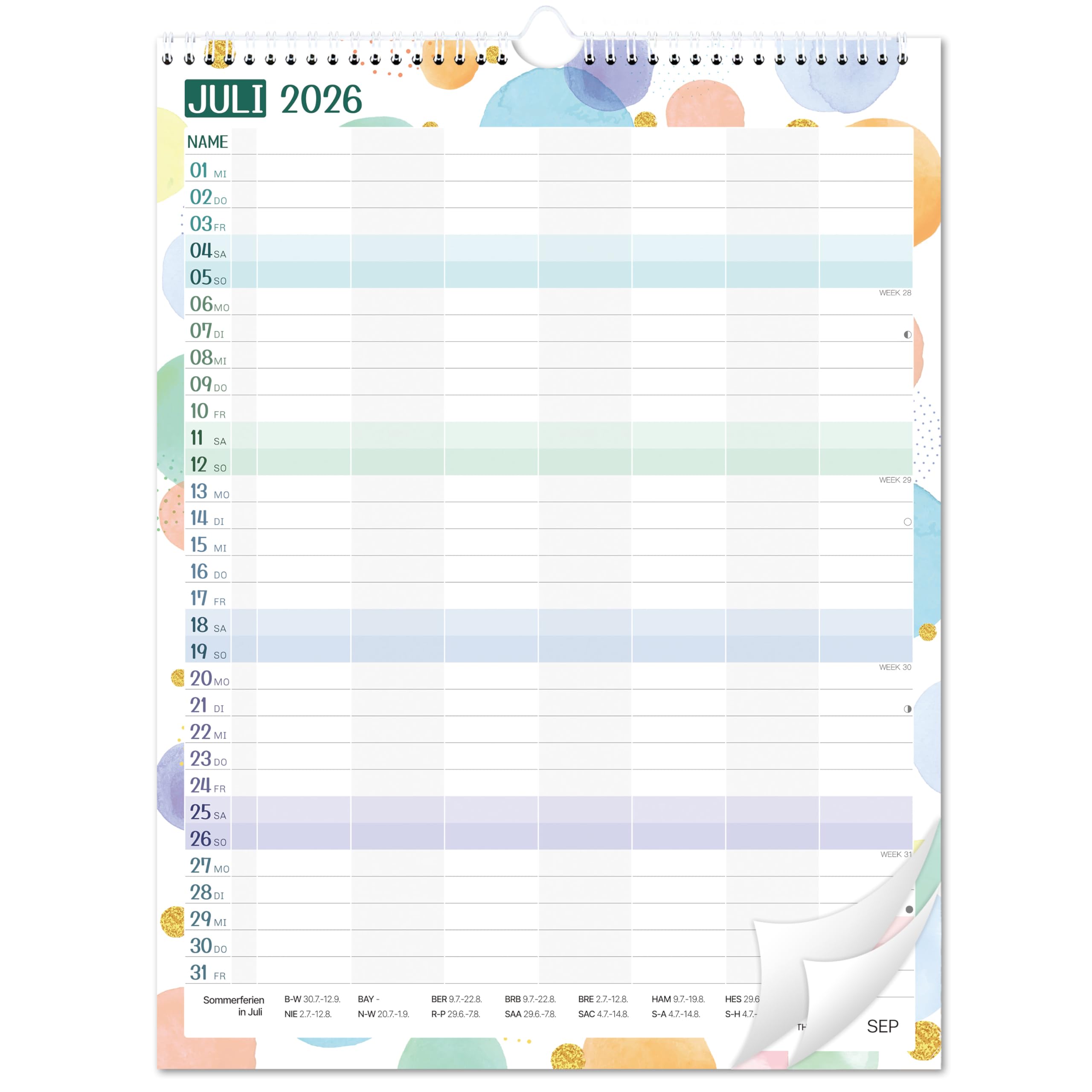 Planificateur familial 2026-2027 - Calendrier familial 7 colonnes juillet 2026 à décembre 2027 - 33 x 44 cm - Bulles colorées