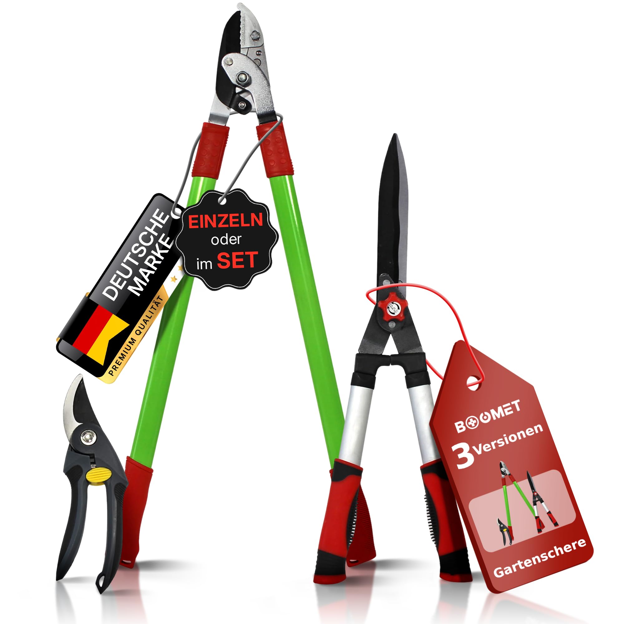 Gartenschere Set · Astschere, Heckenschere & Rosenschere · Gartenscheren für dicke Äste, Hecken, Sträucher, Reben & Rosen · Profi Garten Scheren klein & groß