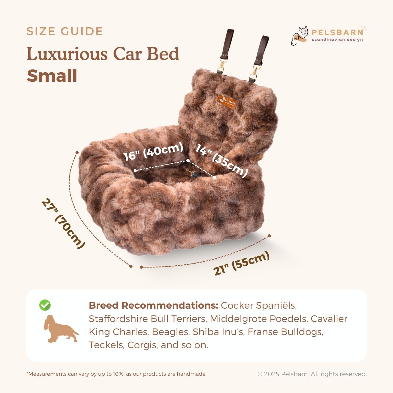 Pelsbarn Luxurious Cozy Car Bed - Small Luxury Travel Dog Bed with Safety Belt - Ultra Soft Faux Fur - Brown