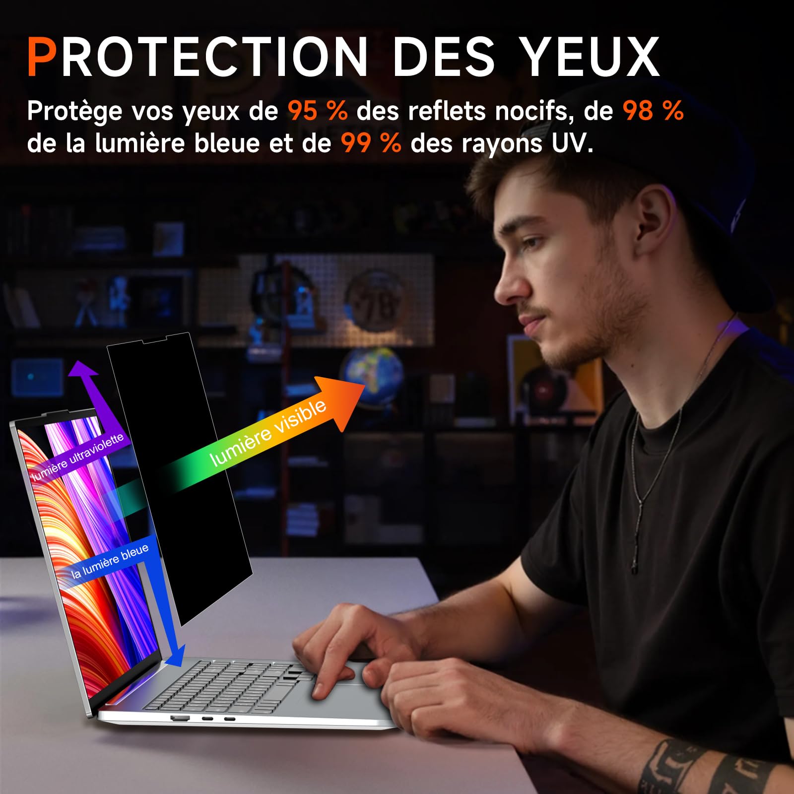 Film de protection anti-espion 16 pouces 16:10 pour ordinateur portable, filtre détachable anti-lumière bleue et reflets