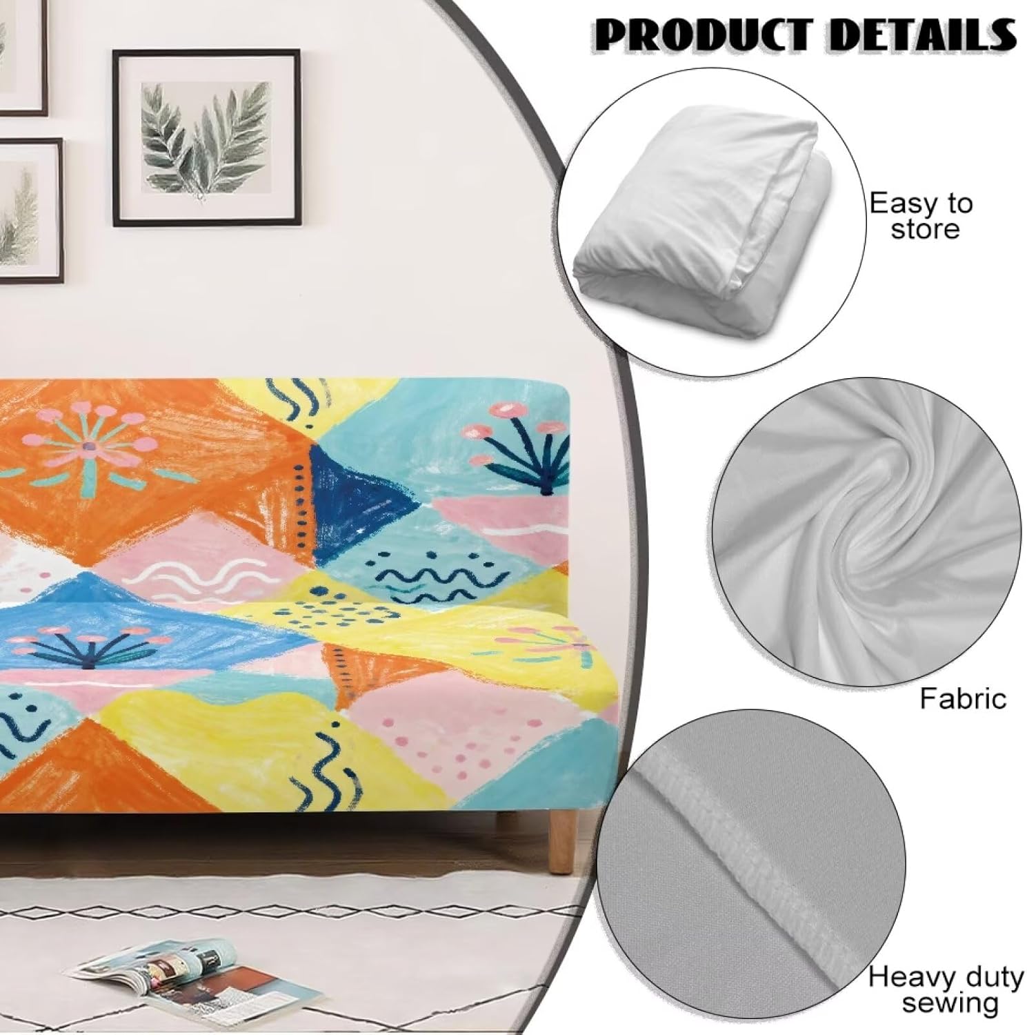 Geometric Floral Couch Covers for Armless Sofa Hand Painted Style Pattern Anti Slip Sofa Cover Pet Protection Washable Futon Couch Slipcovers Indoor