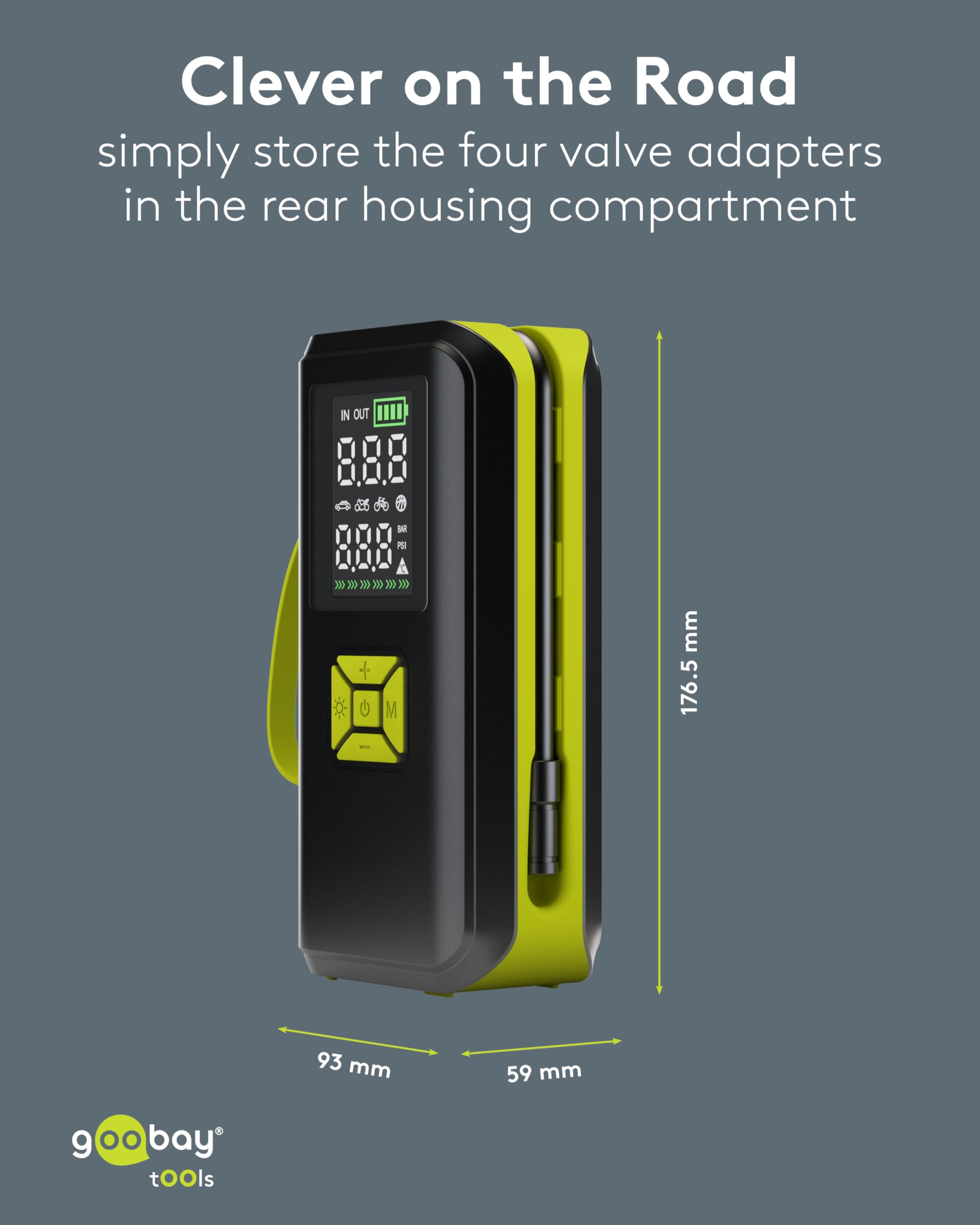 goobay - Pompe à air électrique sans fil 10 bar/150 PSI - Batterie 2Ah, 5V, avec lumière LED, 4 adaptateurs de soupapes, écran LED, compresseur pour pneus et balles de voiture, moto, vélo, port USB-C
