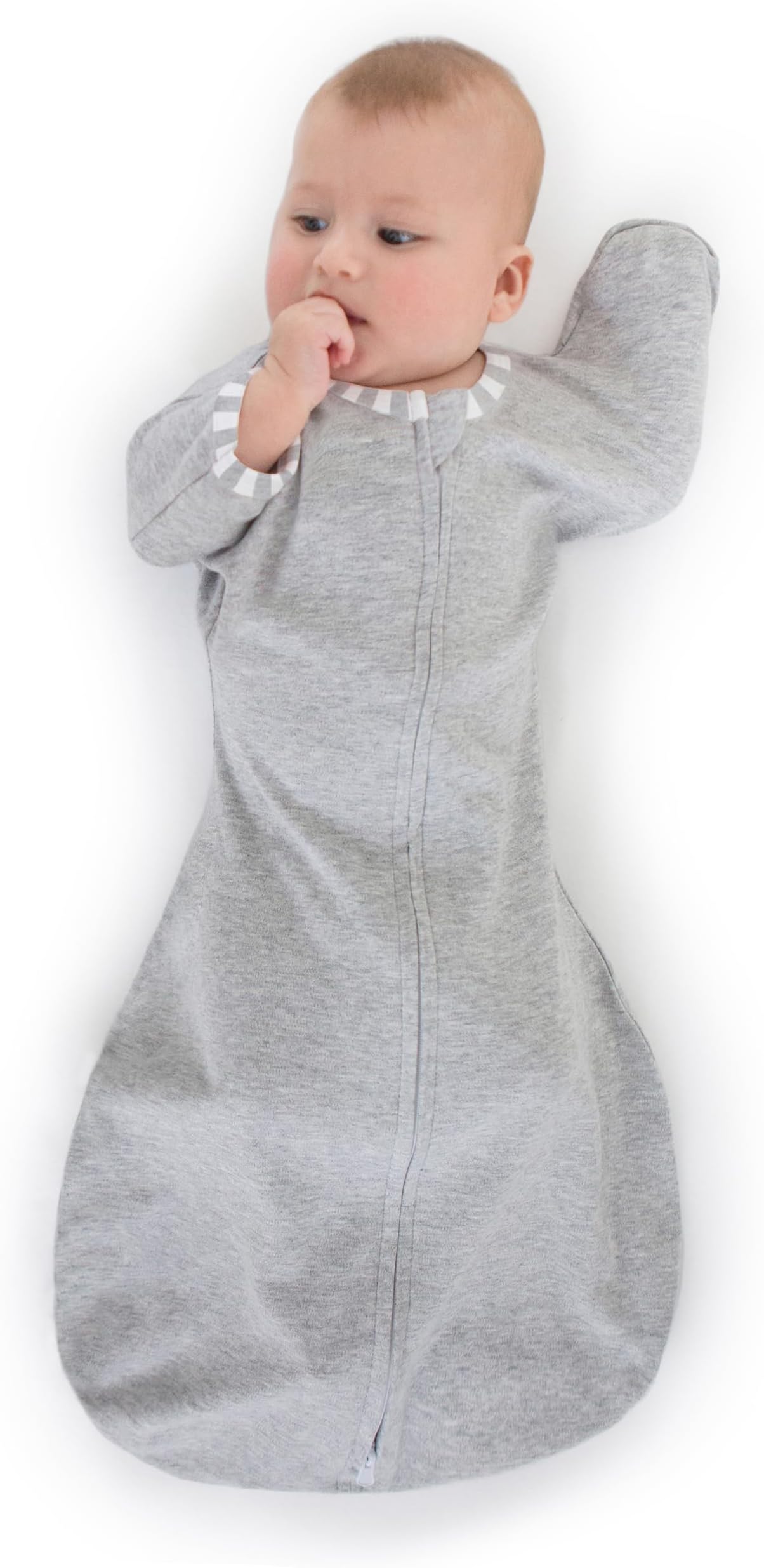 SwaddleDesigns Transitional Swaddle Sack, Arms Up Half-Length Sleeves & Mitten Cuffs, Swaddle for Newborn Transition to Baby Sleep Sack Wearable Blanket, 3-6 Month, 14-21 lb, Gray with Striped Trim