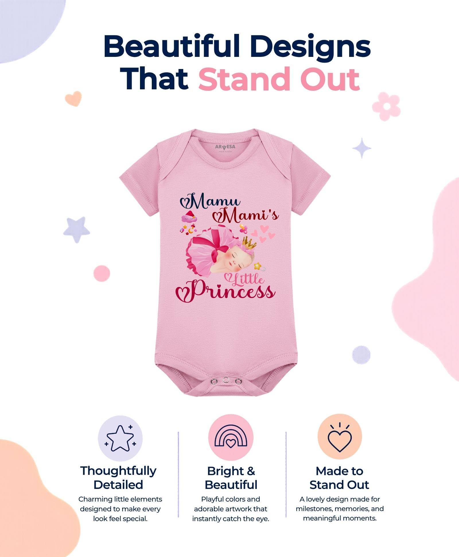 ARVESA Baby Romper Mamu Theme for Baby Boy and Baby Girl Cotton 0–12 Months Design No 1214 - Mamu Mami Little Princess 1