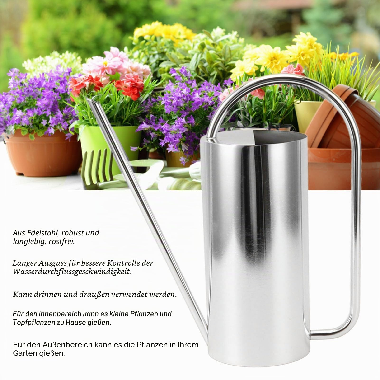 Edelstahl-Gießkanne 1,5 Liter, Lange Tülle für Präzises Gießen, Rostfreie Gießkanne für Zimmerpflanzen, Garten, Balkon, Innen- und Außenbereich (Silber)
