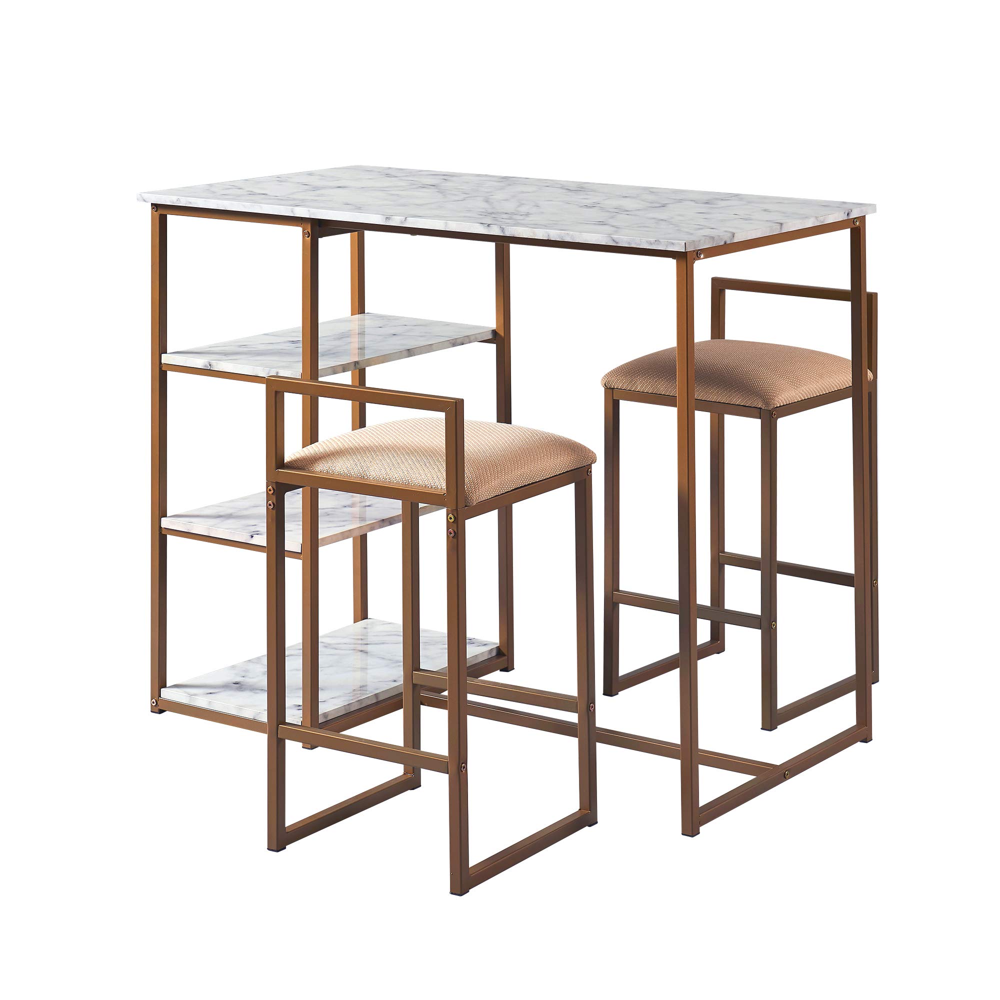VERSANORA Teamson Home Marmo 3 Pieces Breakfast Dining Set, Bar Table & 2 Padded Stool Chairs with Storage, Faux White Marble Tabletop & Gold-Brass Finish Legs