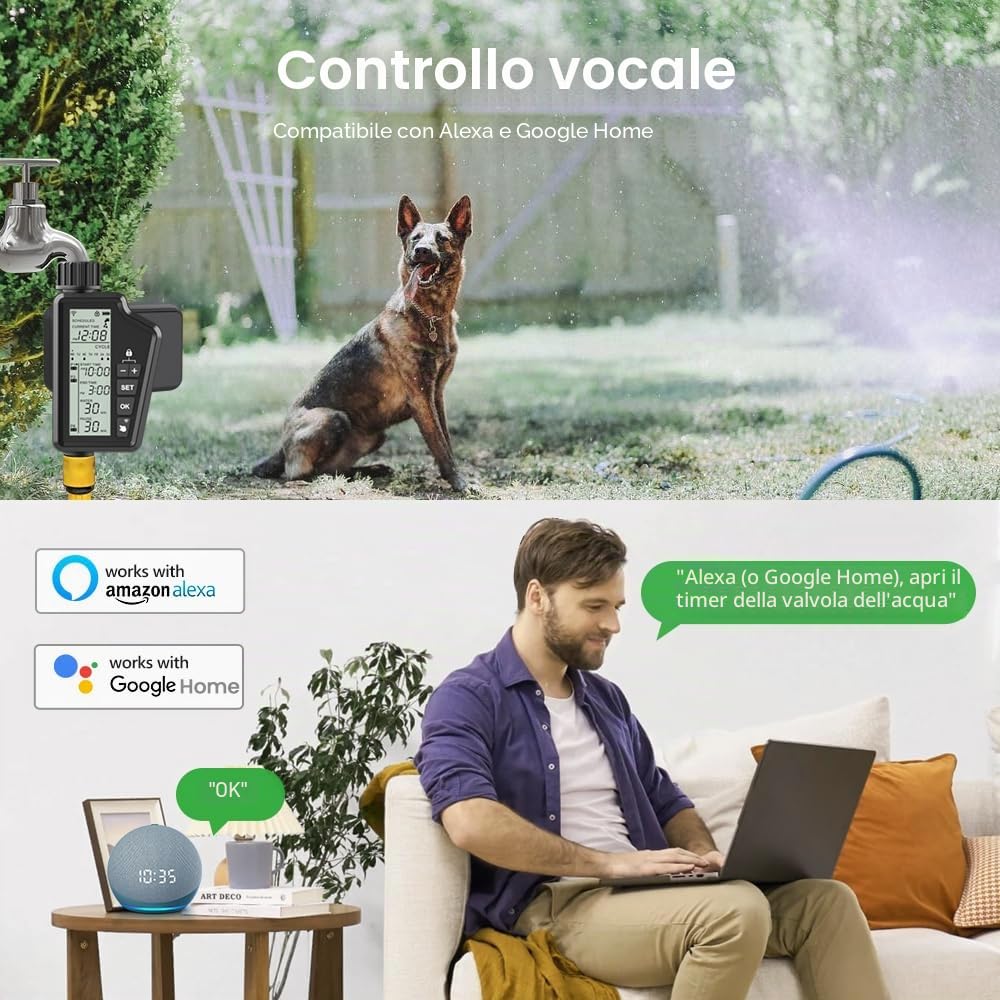 MIUCDA Timer Irrigazione WiFi, Programmatore Irrigazione intelligente con controllo APP, Timer per rubinetto da giardino esterno con ritardo pioggia Compatibile con Alexa e Google Home