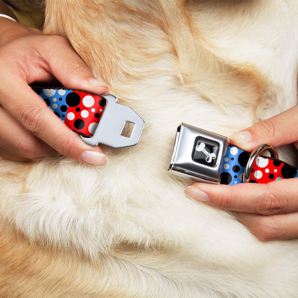 Dog Collar Seatbelt Buckle Dot Blocks Blue Red Black White 16 to 23 Inches 1.5 Inch Wide