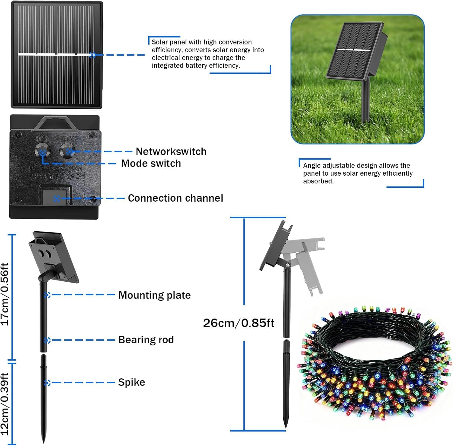 4 catene luminose a energia solare da 12 m, 100 LED, 8 modalità, illuminazione natalizia per esterni