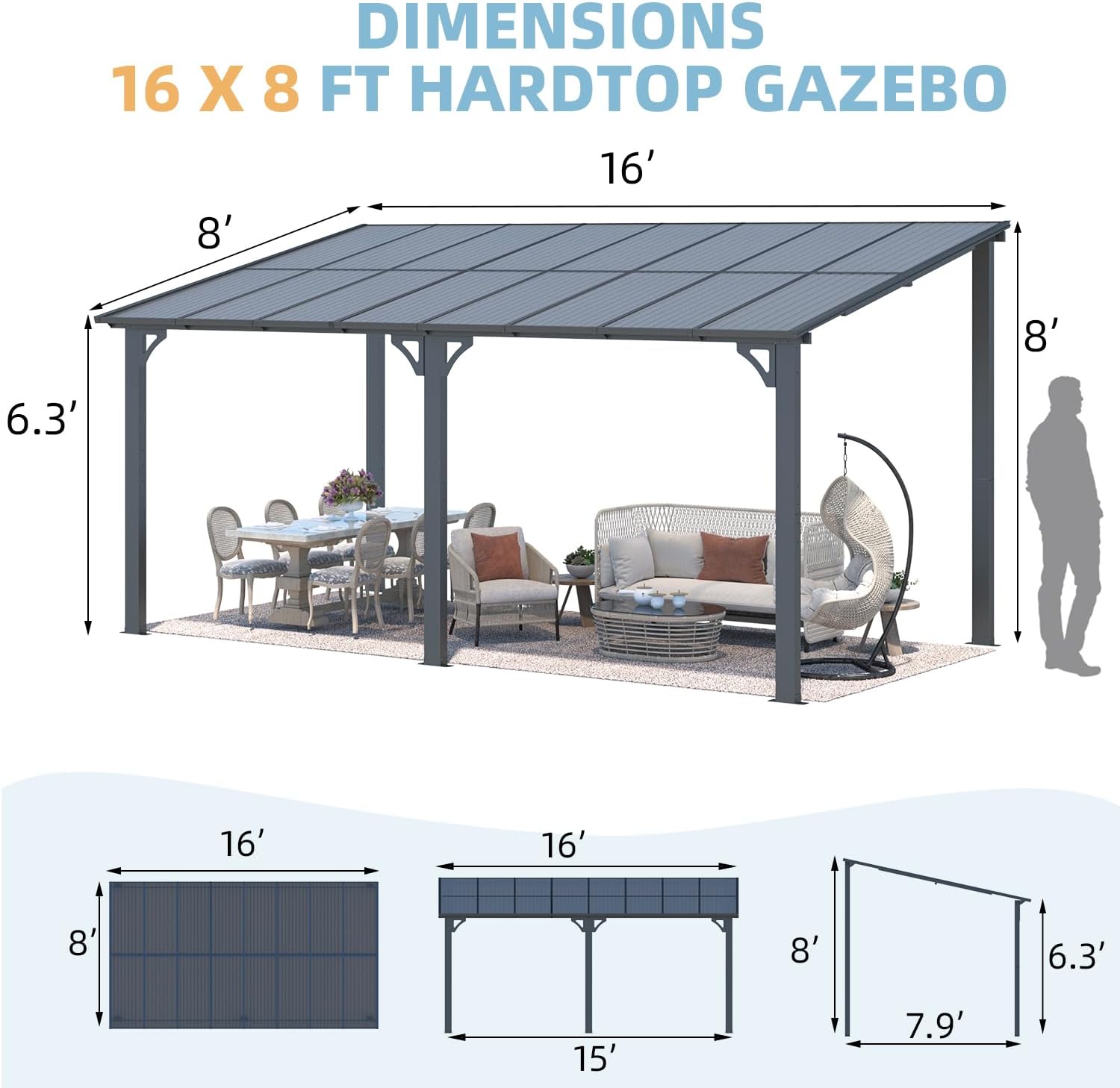 Icons depicting anti-UV, fire-resistant, waterproof, smooth drainage, windproof, and heavy-duty frame features of the gazebo.