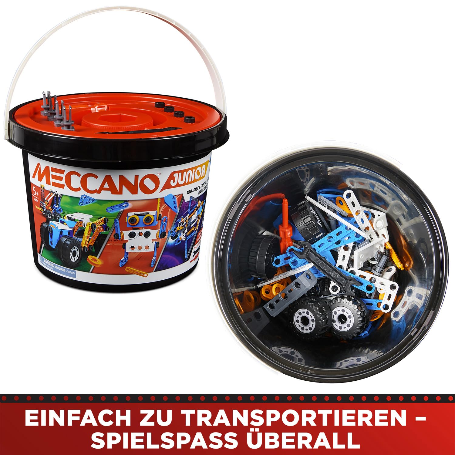 BANDAI - Meccano Junior Fass 150 Teile - Konstruktionsset 5 Modelle, 2 Werkzeuge, Anleitung, Aufbewahrungseimer - Aktivitäts-Kit Zusammenbau Spielzeuge & Fahrzeuge - Spielzeug ab 5 Jahren - APM19103