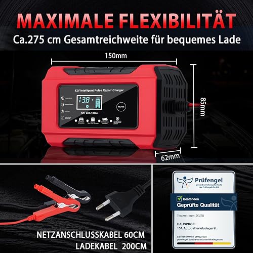 Car Battery Charger 12 V 6 A, HAUSPROFI Car Battery Charger with Repair Function & Winter Mode, Trickle Charger for Car, Motorcycle, AGM, Gel Battery - 2