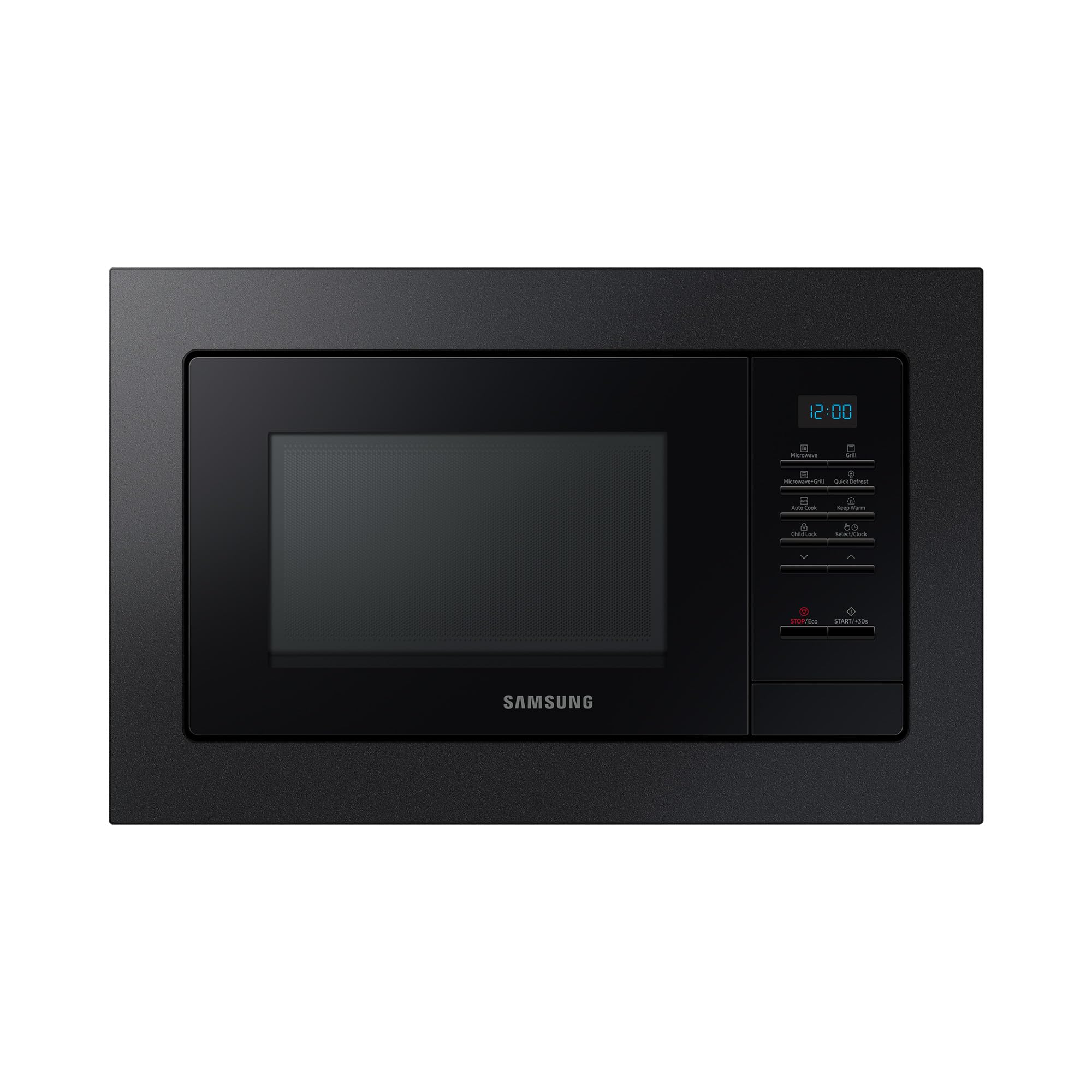 Samsung MG20A7013CB/EG Einbau-Mikrowelle mit Grill, 850 W, 20 l Garraum, Kleines Mikrowellengerät für 28 cm Nischen, Mit Einbaurahmen, Crusty Plate, Kratzfester Emaille-Innenraum, Schwarz