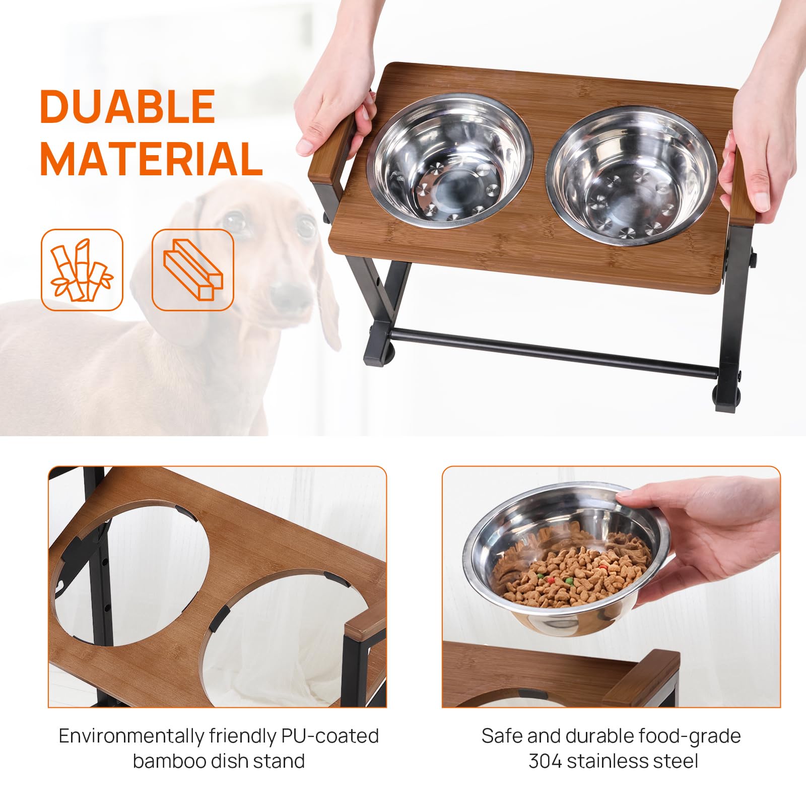 Soporte de comedero para Mascotas de Altura Ajustable con 2 Cuencos de Acero Inoxidable, Parte Superior de Madera y Marco de Metal Negro para Perros/Gatos, estación elevada de Alimentos/Agua (marrón