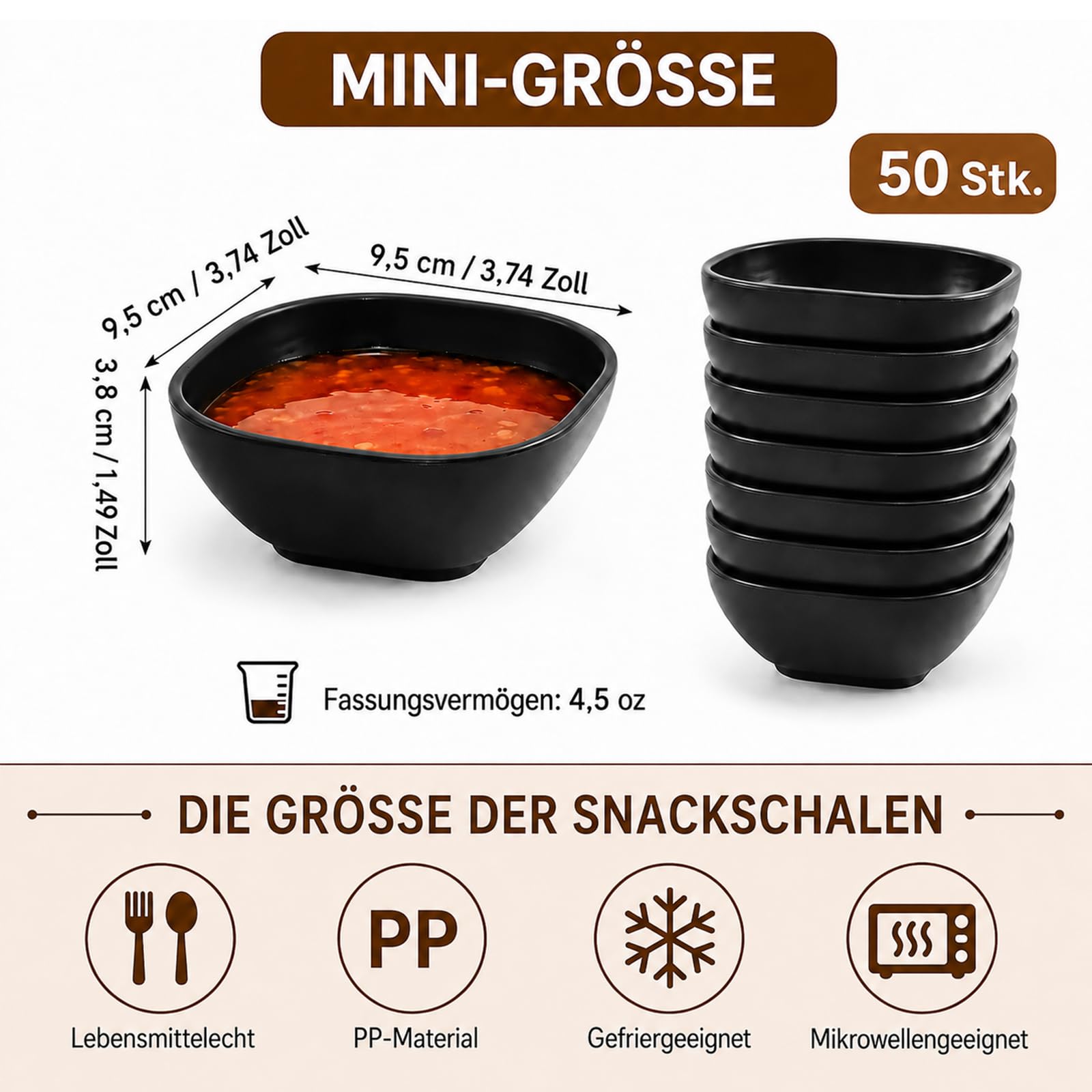 50 cuencos para salsas de 130 ml, cuencos pequeños de paja de trigo y polipropileno, cuencos cuadrados para aperitivos de 9,5 x 9,5 x 4 cm para salsas, postres, guarniciones, fiestas, cocina y