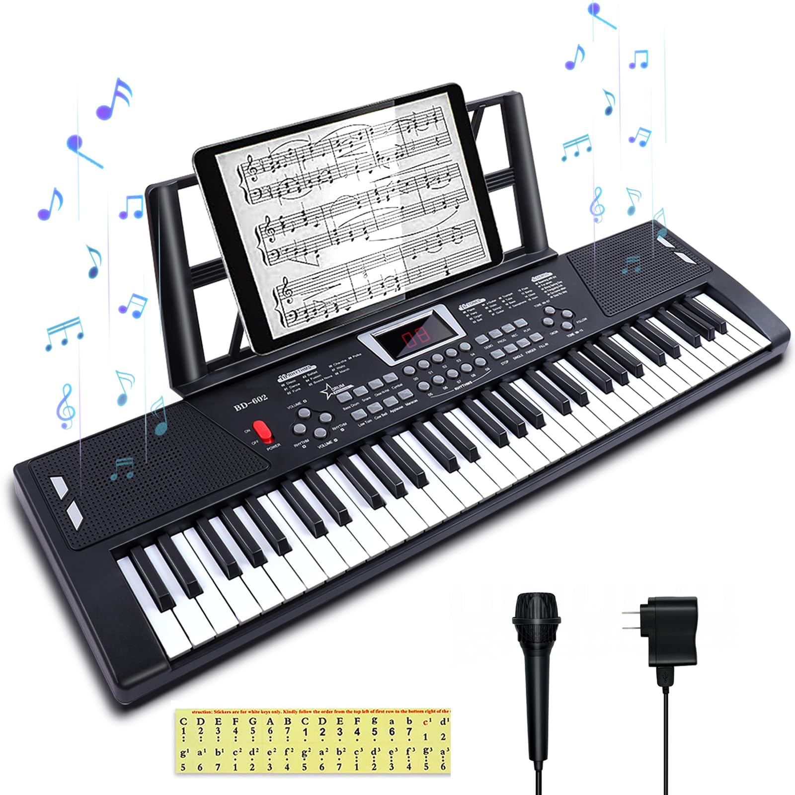 61 key piano keyboard,keyboards piano with Built-In Speaker Microphone, Sheet Music Stand and Power Supply, Portable Electronic Keyboard Piano for Beginners