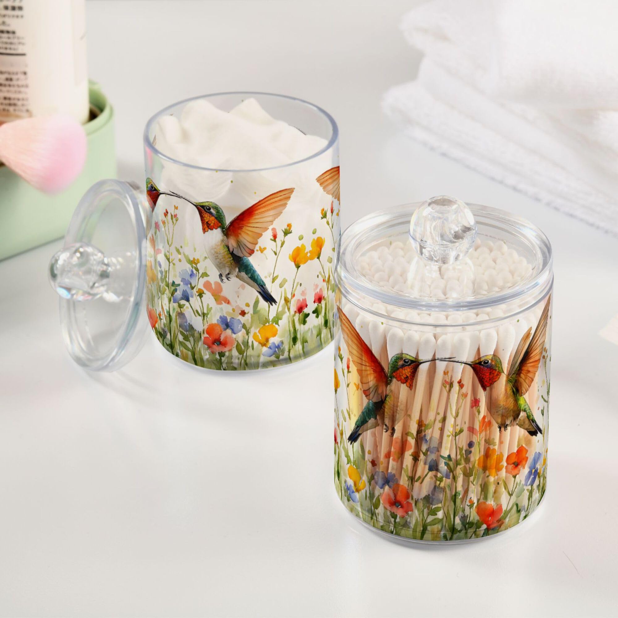 MNSRUU 2 Pack Qtip Holder Organizer Dispenser Bird Flower Bathroom Storage Canister Cotton Ball Holder Bathroom Containers for Cotton Swabs/Pads/Floss