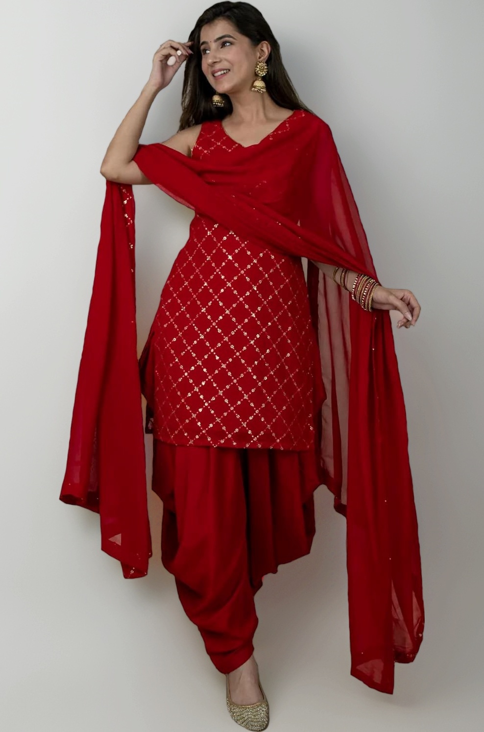 Xomantic Fashion Red Color Readymade Punjabi Style Festival Wear Kurta Patiala Set with Dupatta