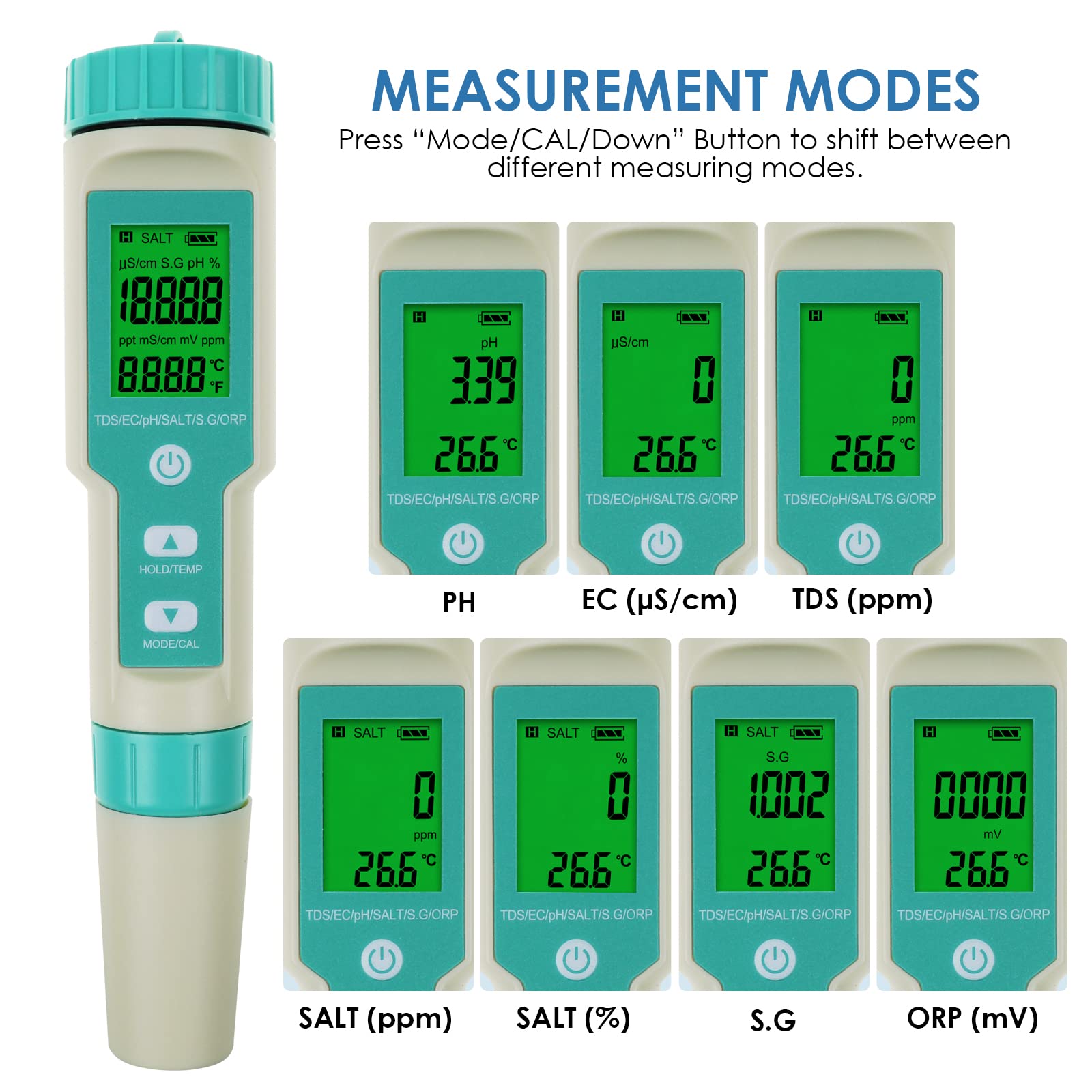 TEKCOPLUS Salinity Test d'eau de mer multifonction Type stylo Test de qualité de l'eau PH TDS EC ORP Salinité S.G. Testeur de température Hydromètre électronique étanche avec rétroéclairage