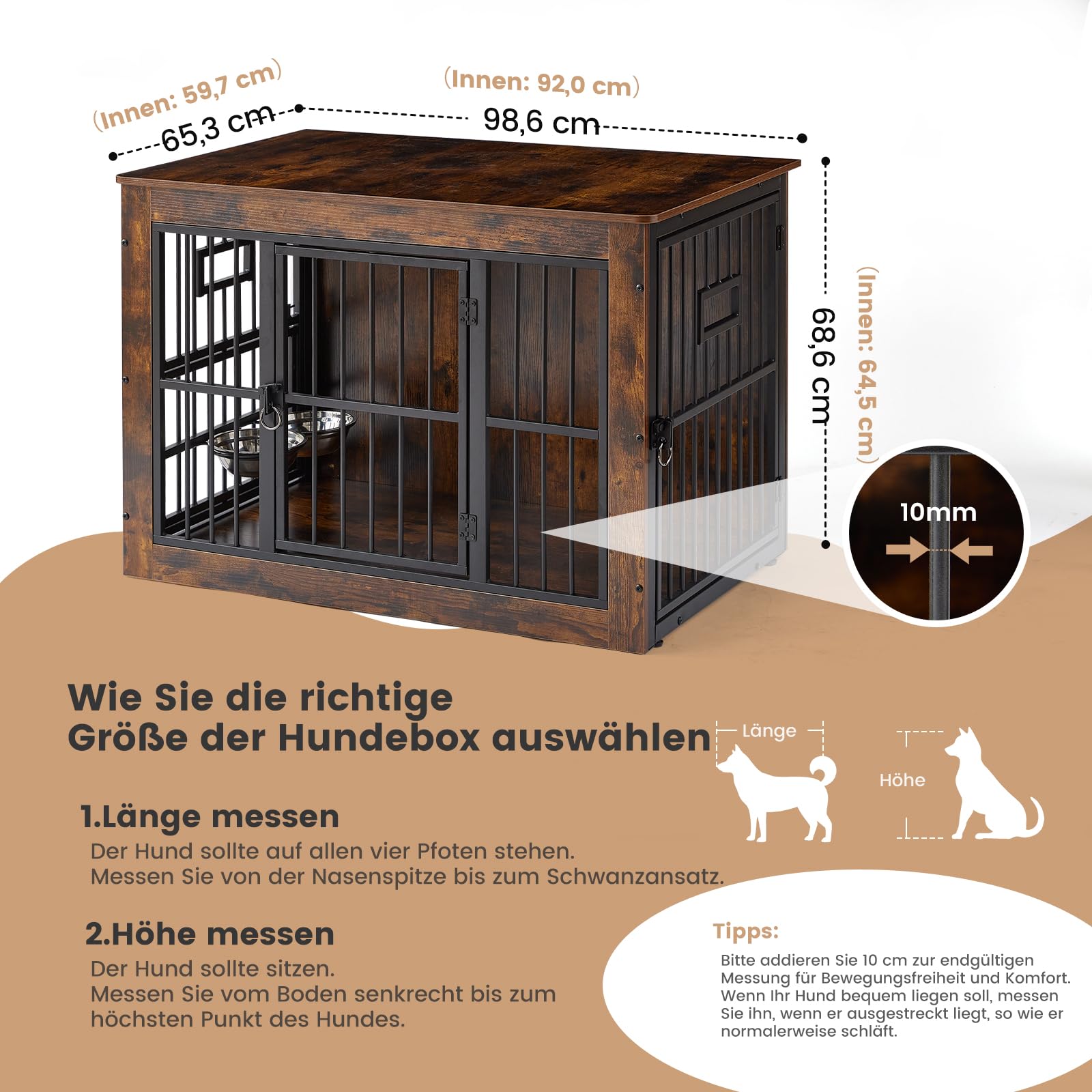 Gardner Pet Hundekäfig Möbel, Hundebox für Zuhause, 99x65x69 cm, Braun | Hundebox für Zuhause, Moderne Hundehütte Indoor, 3 Türen, Verstellbare Näpfe, Metall und Holz, Für mittlere Hunde