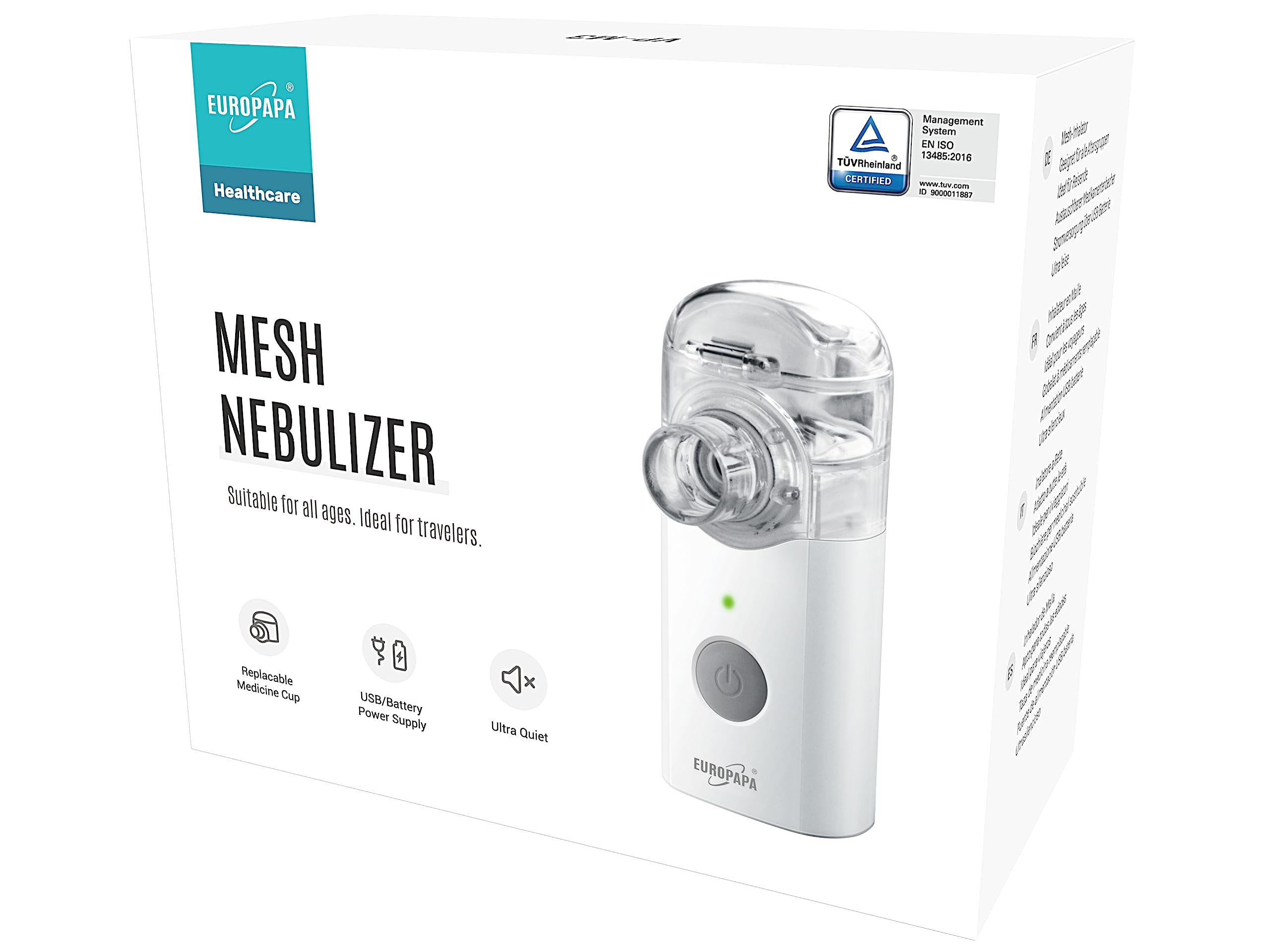 EUROPAPA Inhalador portátil, equipo inhalador nebulizador con boquilla y mascarilla para niños y adultos, muy silencioso, recargable por USB o con pilas