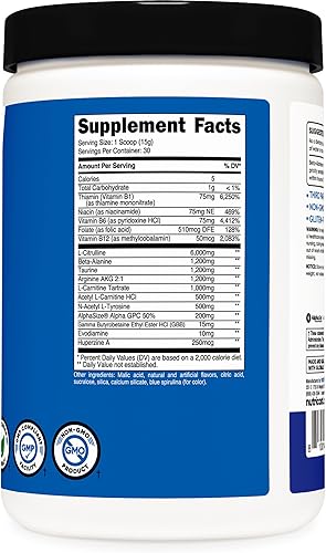Miniatura 4 de Nutricost Pre-entrenamiento sin estimulaciones, 30 porciones (frambuesa azul) - Sin cafeína, sin estimulantes, sin OMG, sin gluten