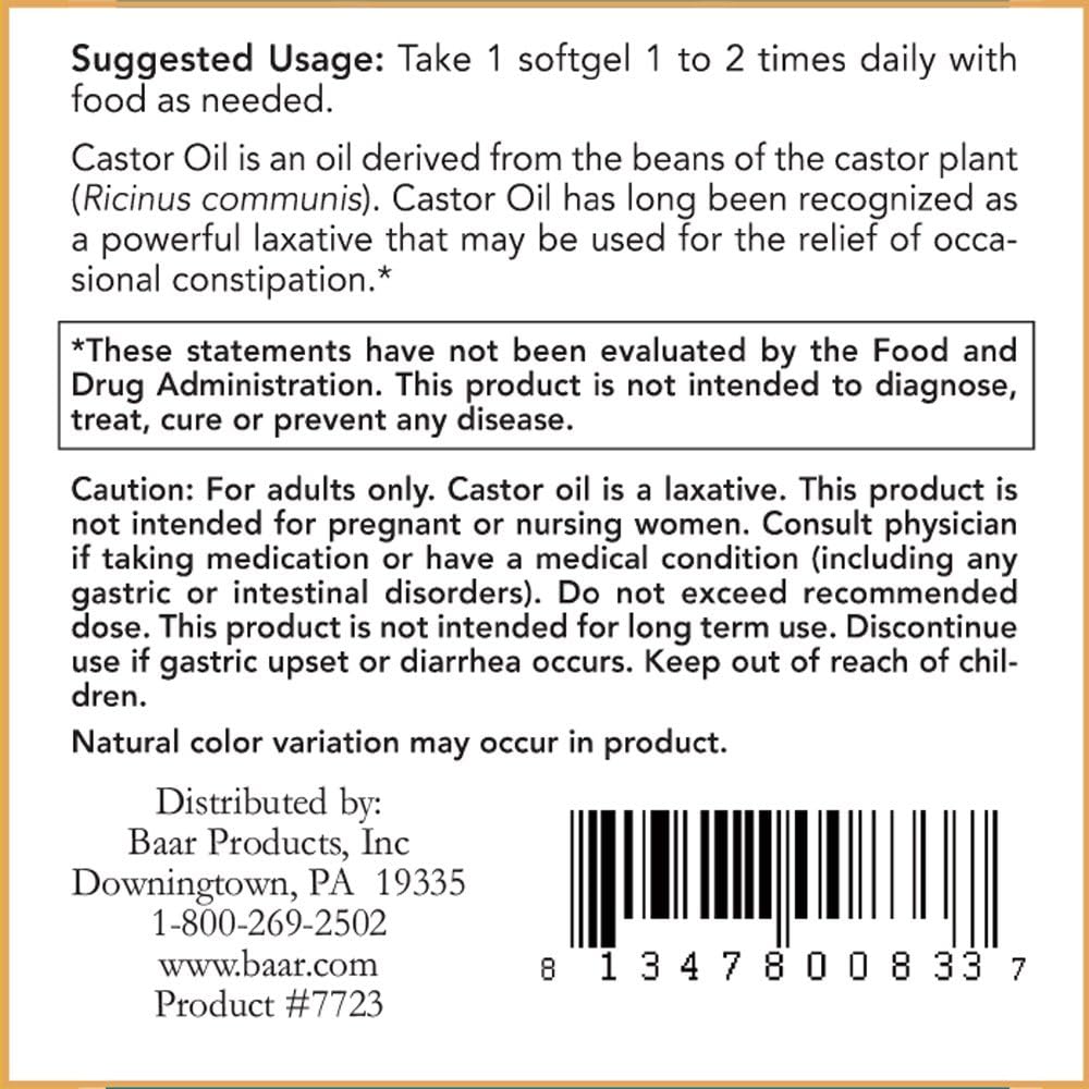 Baar Castor Oil Softgels Natural Laxative with Fennel Oil