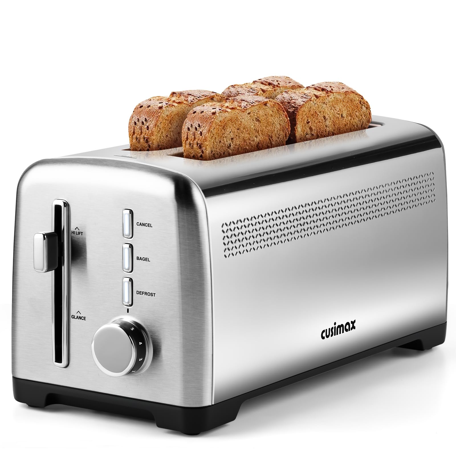 4 Slice Toaster, CUSIMAX Extra-Long Slots for Artisan Bread, Quick Glance Function, 9 Shade Settings, Bagel/Defrost/Cancel Functions, Removable Crumb Tray, Cool-Touch Stainless Steel Body