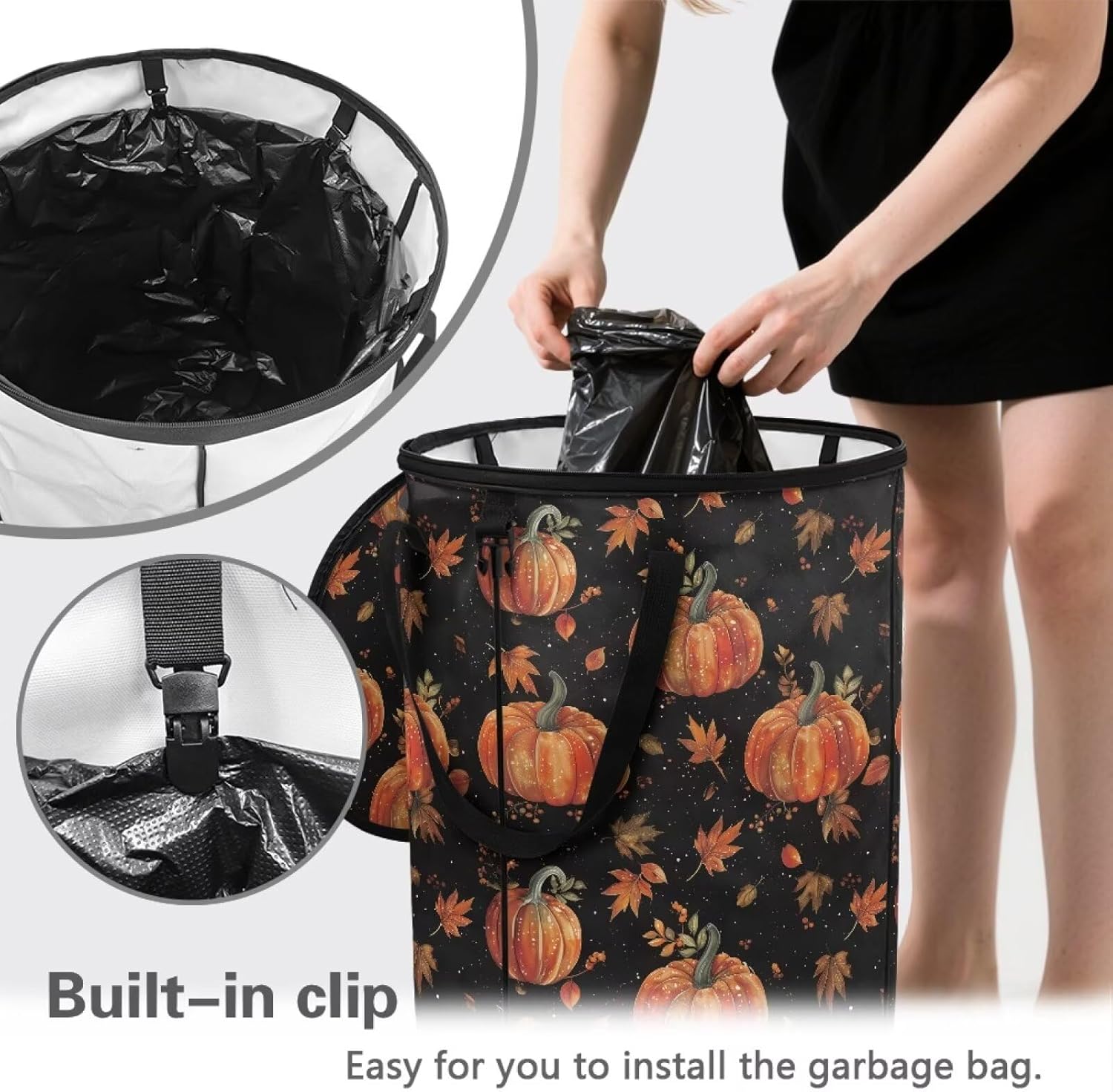 ZOUTAIRONG Thanksgiving Pumpkins Outdoor Trash Bin Collapsible Reusable Yard Waste Bags with Lid Maple Leaf Portable Garbage Bags for Collecting Weeds, Grass Clippings