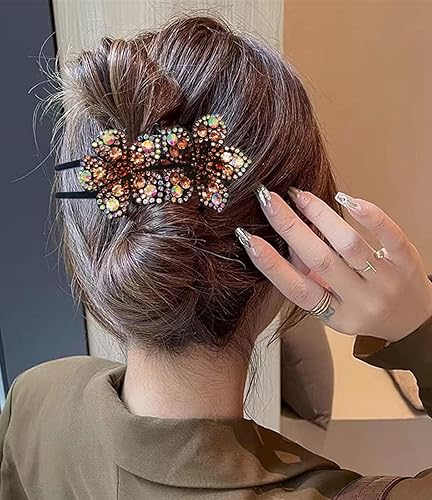 Miniatura 5 de 5 piezas de pinzas para el cabello con diamantes de imitación de doble flor, accesorios para el cabello largo para mujeres, abrazadera decorativa