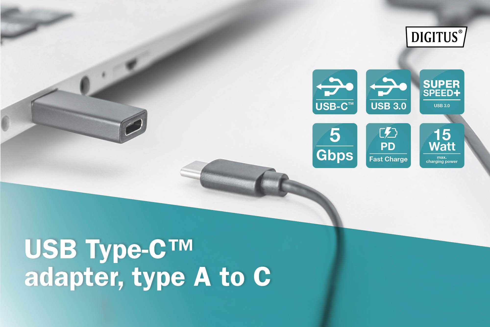 ASSMANN DIGITUS Adaptador USB 3.2 Gen1 - USB A (Macho) a Tipo C (Hembra) - 5 Gbit/s - Cable - Negro