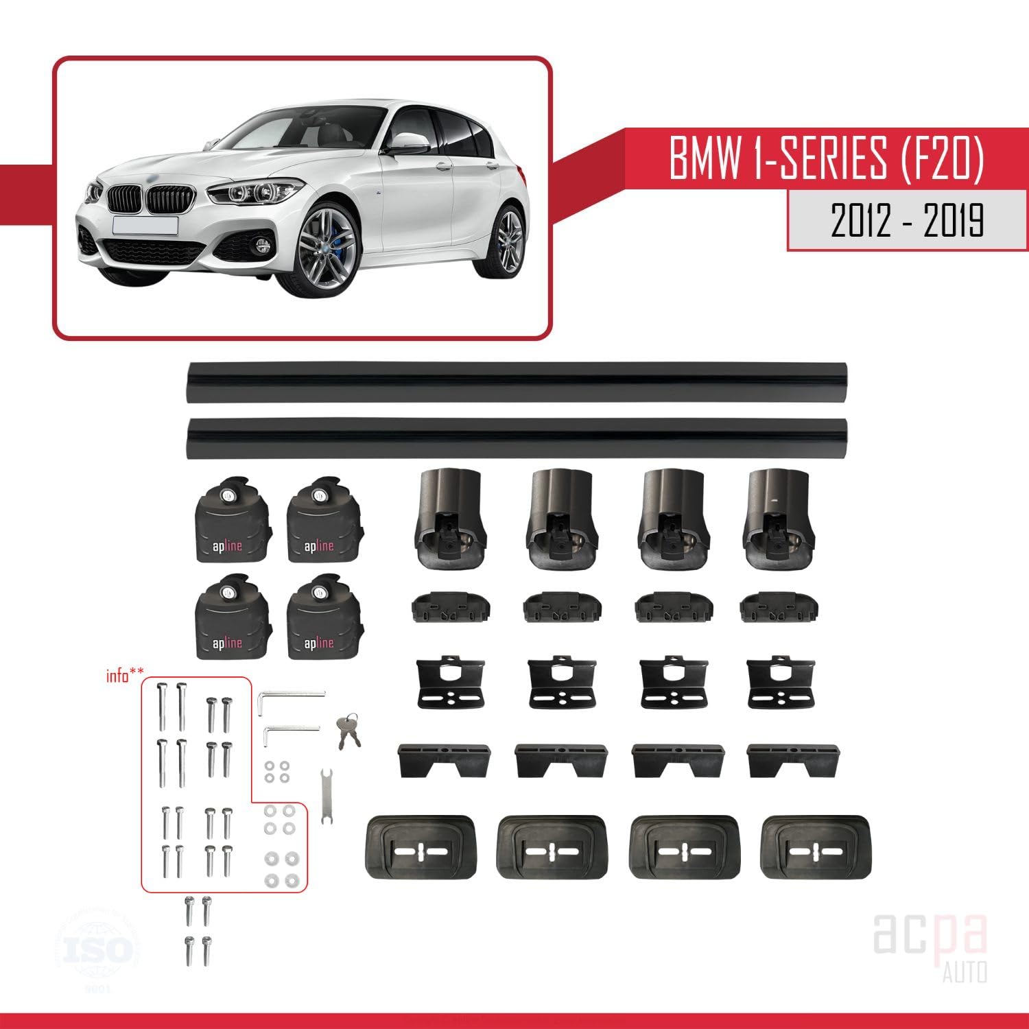 Kompatybilny z BMW 1 Series (F20) 2012-2019 ACE-3 Model Aluminiowy bagażnik dachowy 2 poprzeczki, czarne