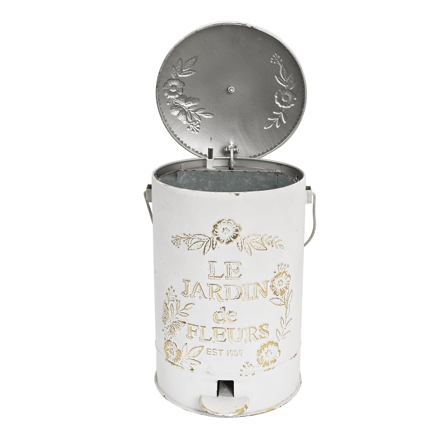 Retro Metal Trash Can with Lid and Pedal Farmhouse Step-On Garbage Cans Rustic Recycling Waste Bin with Removable Inner Bucket & Wooden Handle for Kitchen Bathroom Bedroom Office Garden 8 Liter