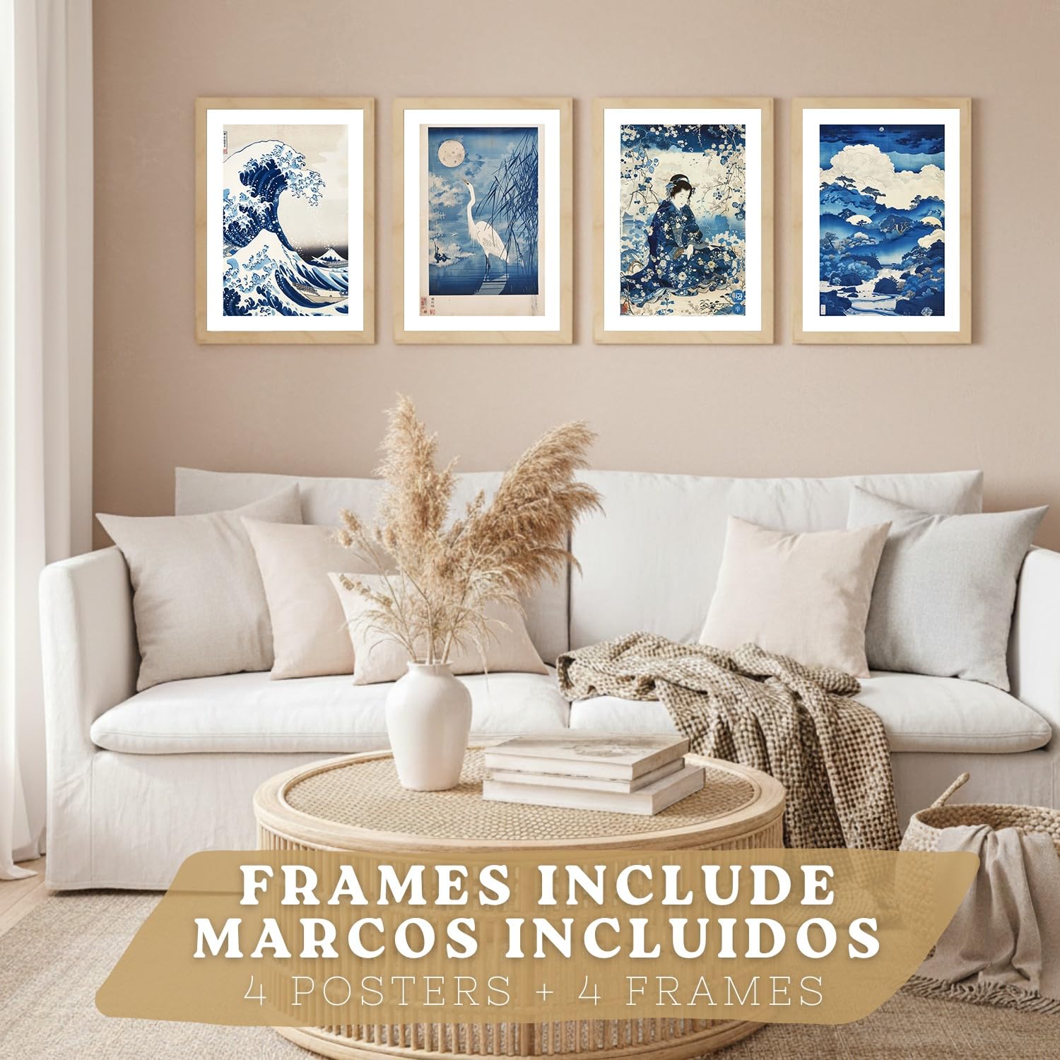 Nacnic Juego De 4 Laminas Decorativas Pared Estilo Japon. Cuadros Salon Modernos - Posters Decorativos Azules Orientales. Arte Japones. Decoración Dormitorios. A3 Marco Madera Clara