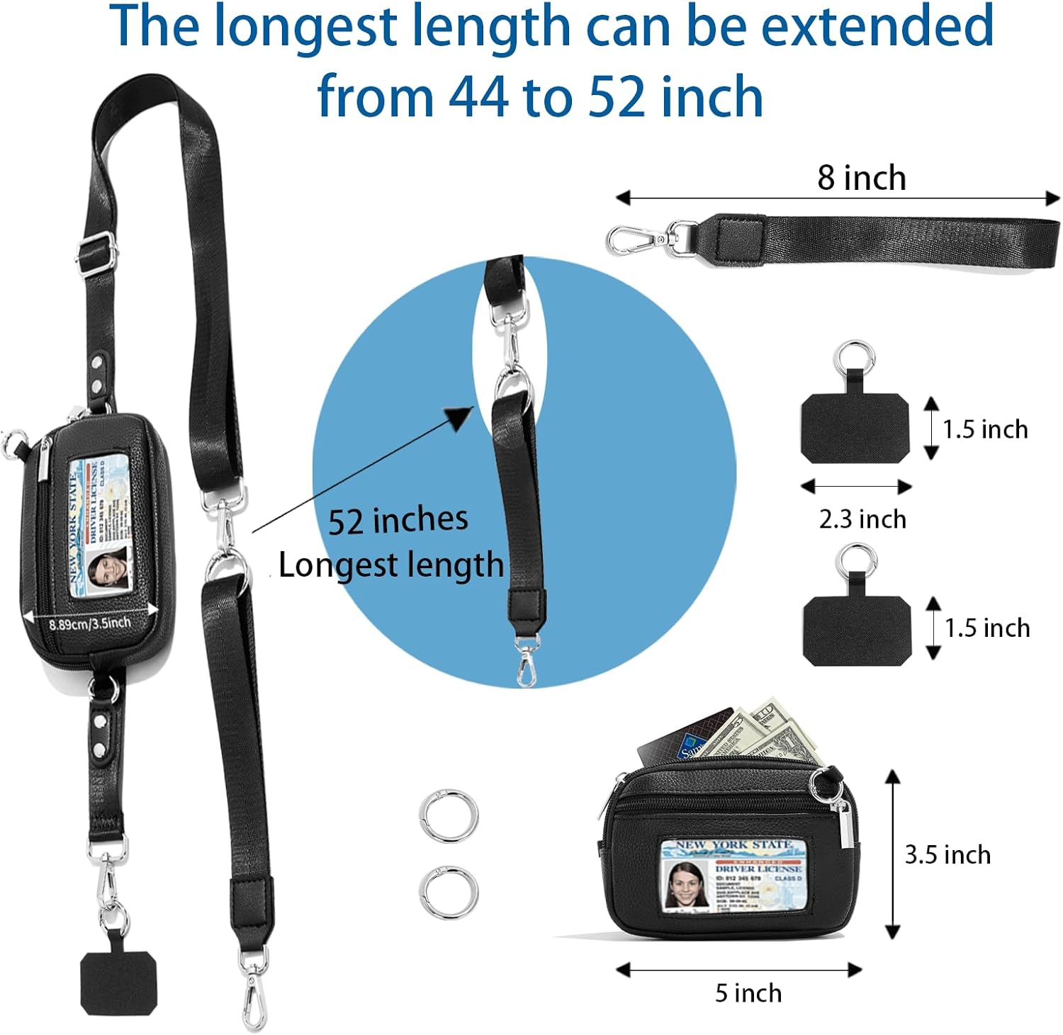Phone Lanyard Crossbody with Wallet, Save the Hand for Girls Phone Strap Clip and Go Adjustable, 2 Cell Phone Clips & a Wristlet, Zippered Leather Bag for ID Cards, Money for Women Travel, Black - Image 3