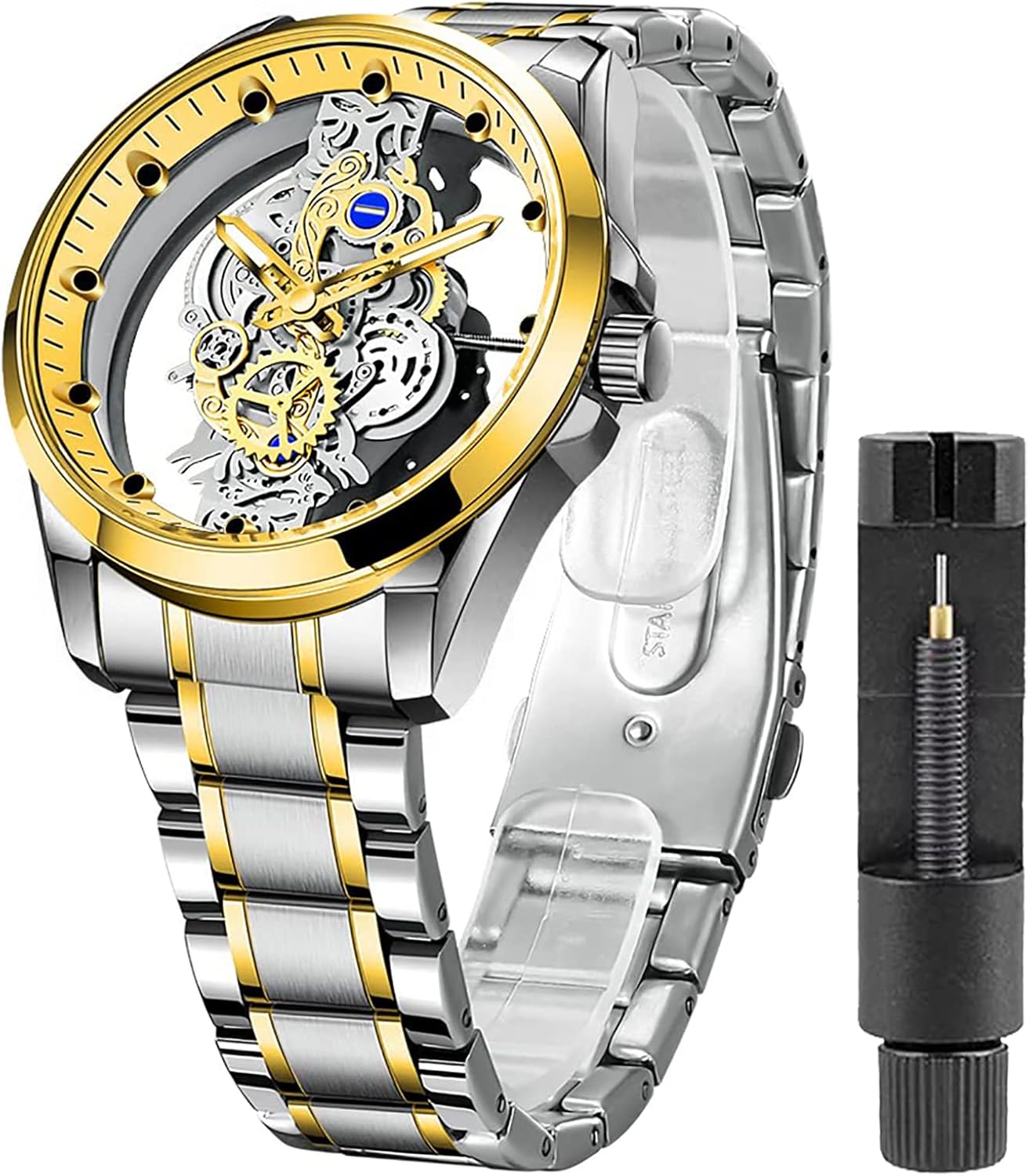 Gosasa Business Men Watch Double Sided Hollow Transparent Analog Display Stainless Steel Quartz Waterproof Creative Male Wrist Watch (Gold Silver S)