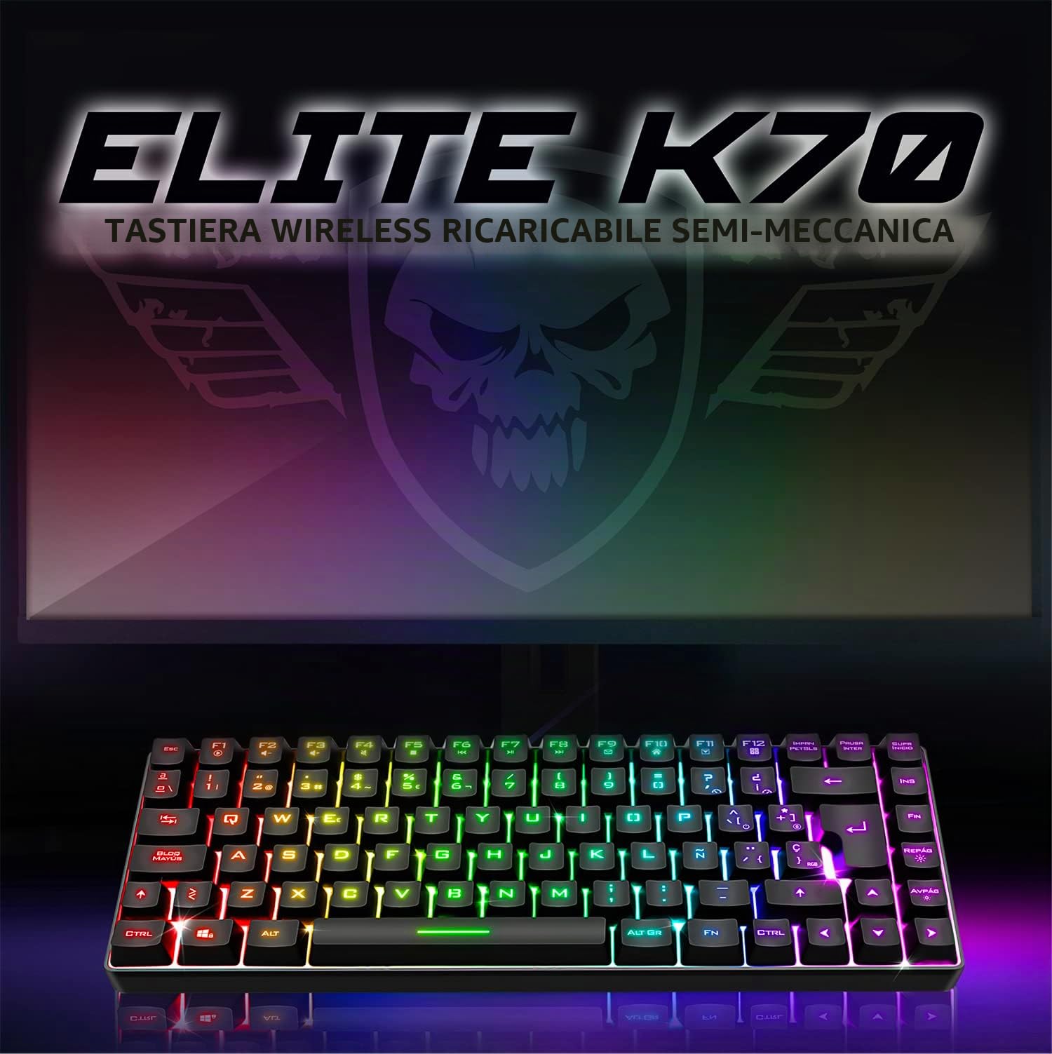 Spirit Of Gamer | Tastiera Gaming Bluetooth Wireless | Layout spagnolo QWERTY | Keyboard TKL Compact 65% | Tasti semi-meccanici inclusi 25 anti-ghosting | Compatibile con PC, telefono e tablet