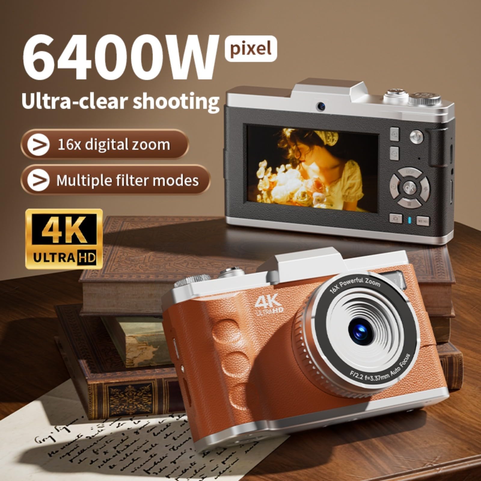 Fotocamera digitale da 64 MP 4 K con messa a fuoco automatica per videocamera, schermo LCD da 3,0 pollici, zoom 16x, funzionamento manuale, fotografia di viaggio, marrone (nero)