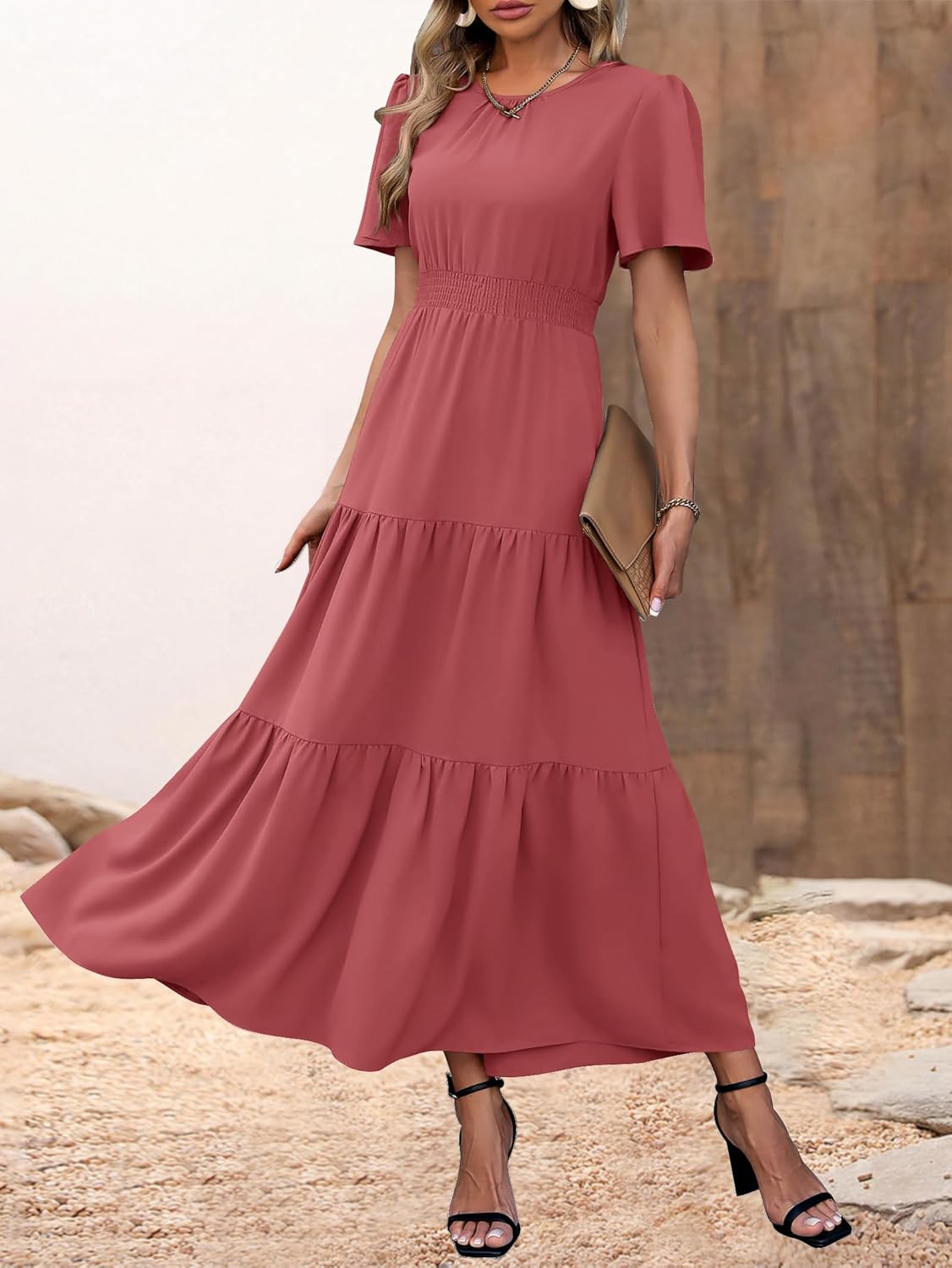 PRETTYGARDEN Women's Summer Casual Short Flutter Sleeve Round Neck Smocked Waist Tiered Boho Floral Flowy Maxi Dress